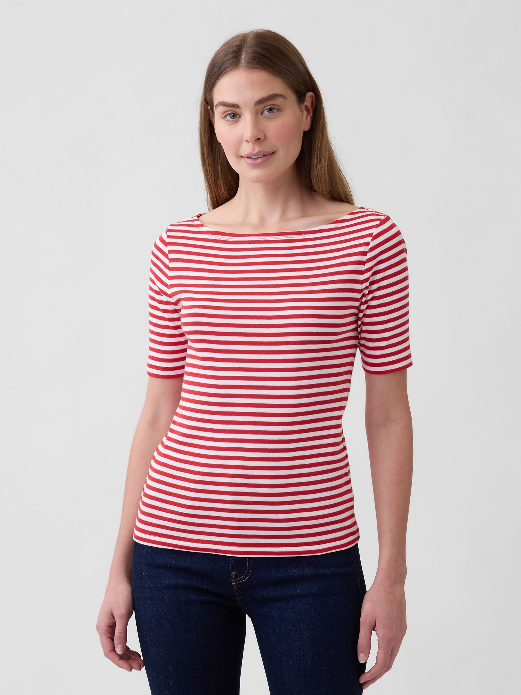 Multi Modern Ribbed Boat neck Short Sleeve T-shirt - Image 1 of 5