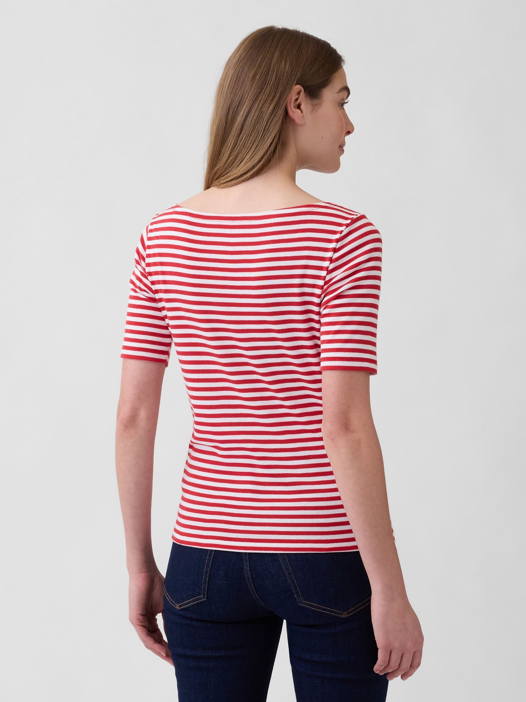 Multi Modern Ribbed Boat neck Short Sleeve T-shirt - Image 2 of 5
