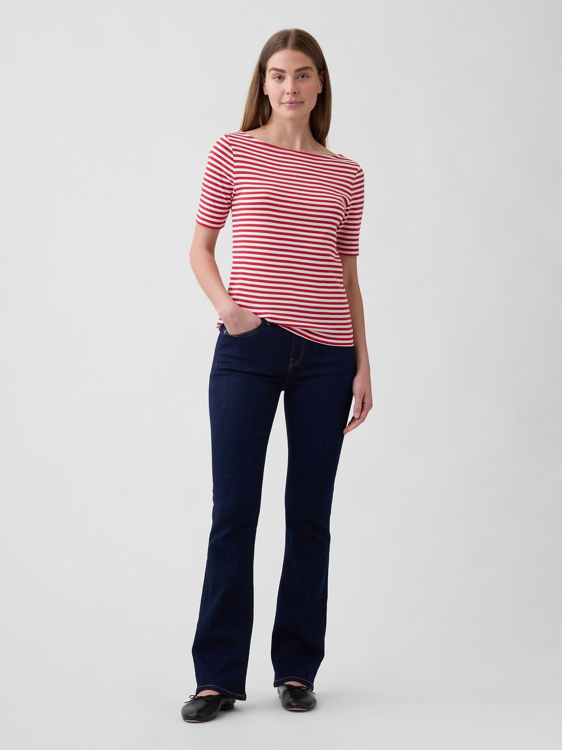 Multi Modern Ribbed Boat neck Short Sleeve T-shirt - Image 4 of 5