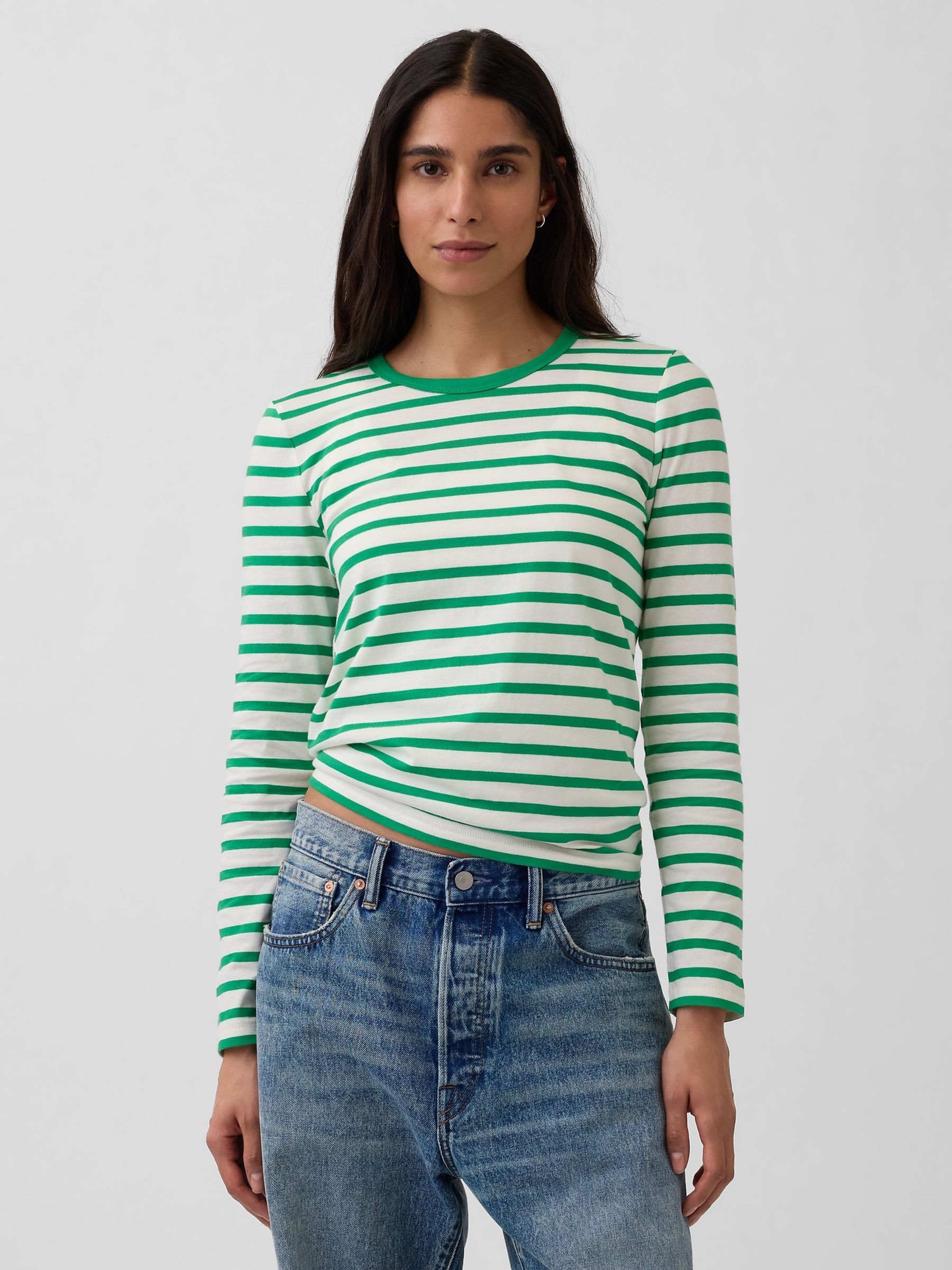 Green stripe Cotton Vintage Soft Long Sleeve T-Shirt - Image 1 of 4