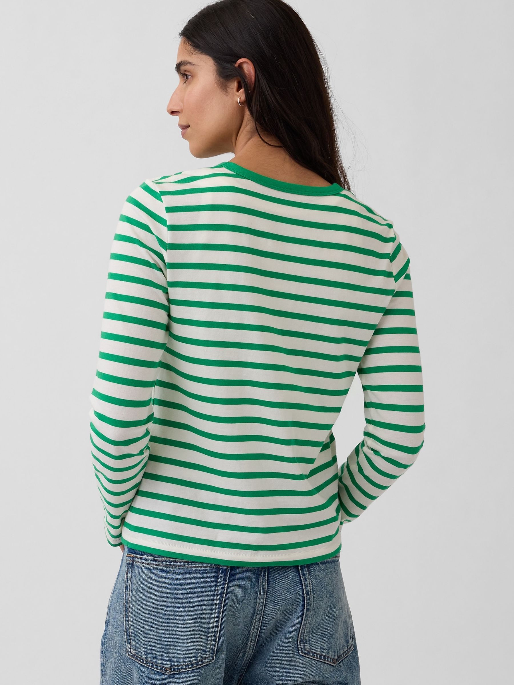Green stripe Cotton Vintage Soft Long Sleeve T-Shirt - Image 2 of 4