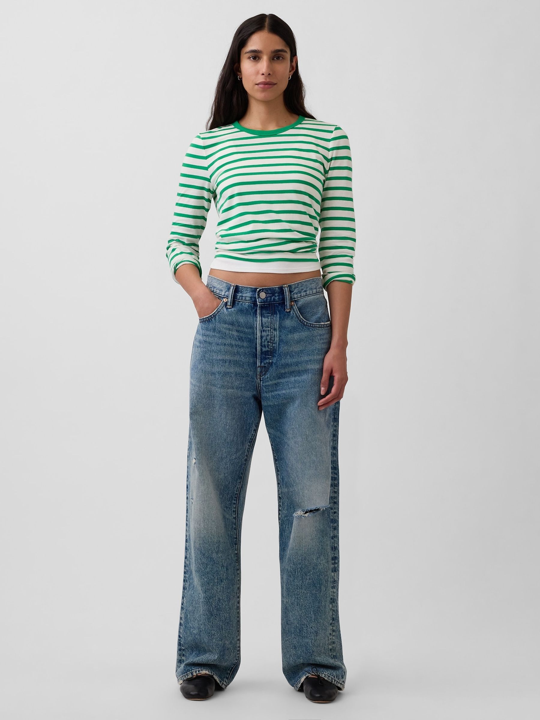 Green stripe Cotton Vintage Soft Long Sleeve T-Shirt - Image 3 of 4