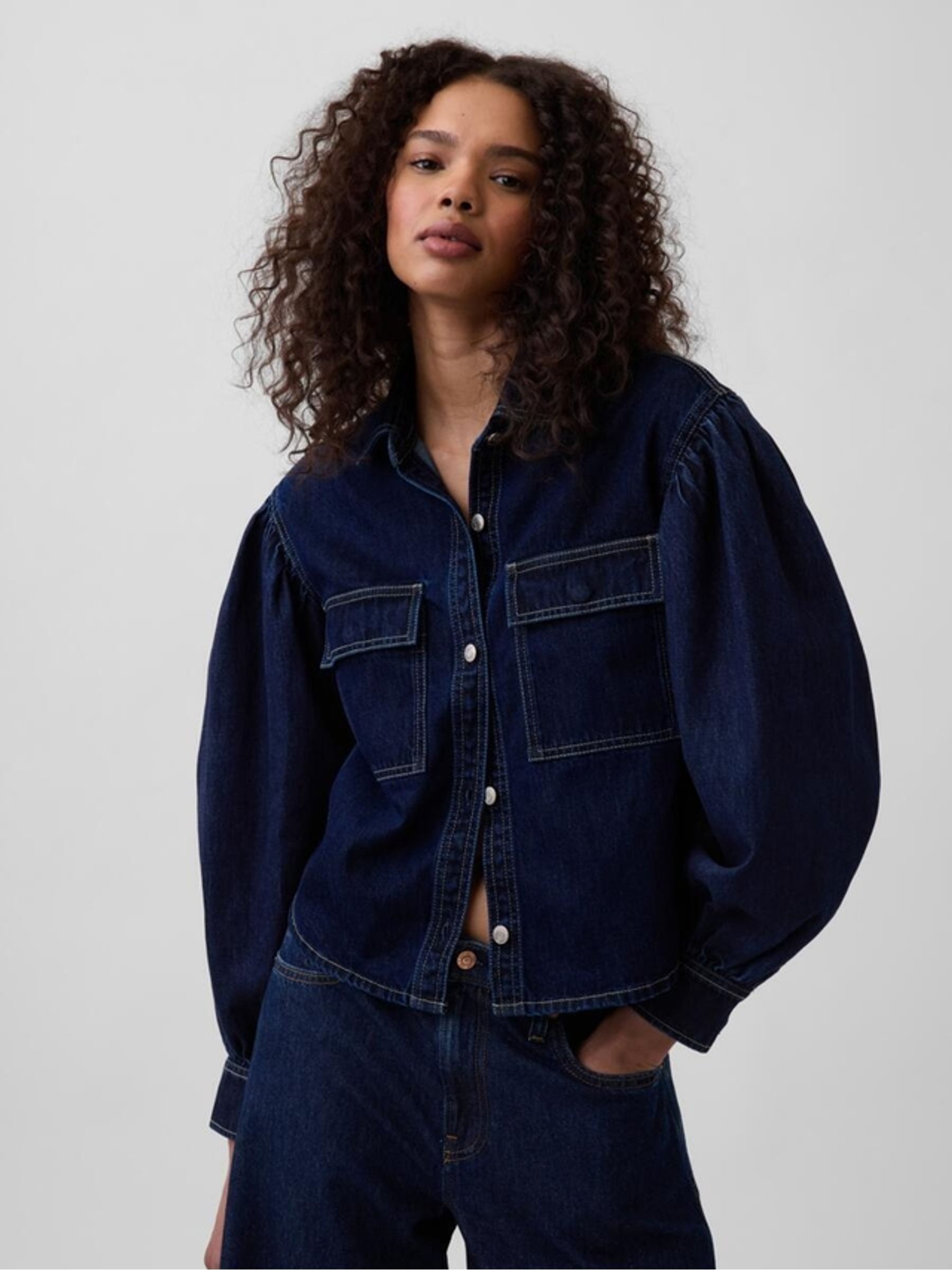 Gap x Harlem's Fashion Row Dark Wash Balloon Sleeve Denim Shirt - Image 1 of 6