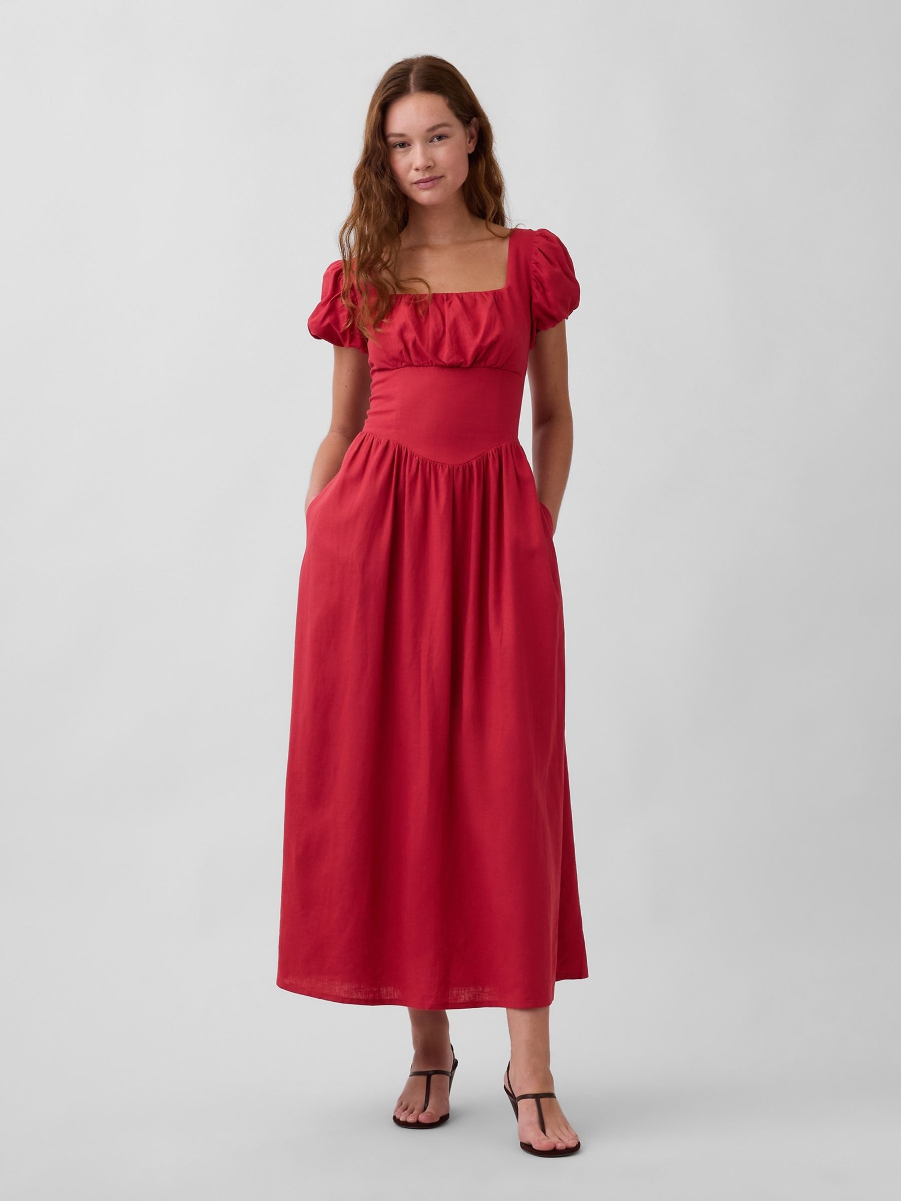 Red Linen-Blend Drop-Waist Maxi Dress - Image 1 of 4 Red Linen-Blend Drop-Waist Maxi Dress - Image 1 of 4