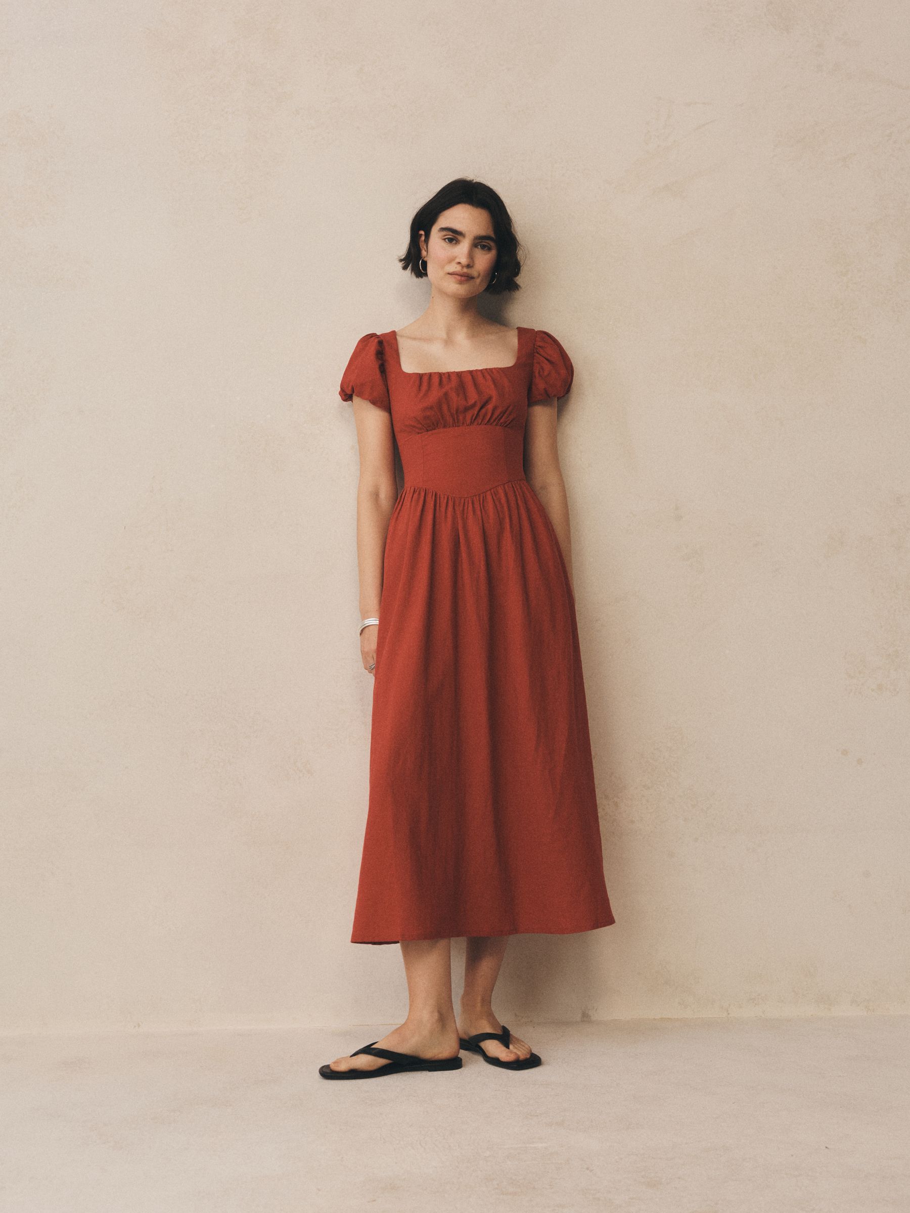 Red Linen Blend Puff Sleeve Drop-Waist Maxi Dress - Image 5 of 5