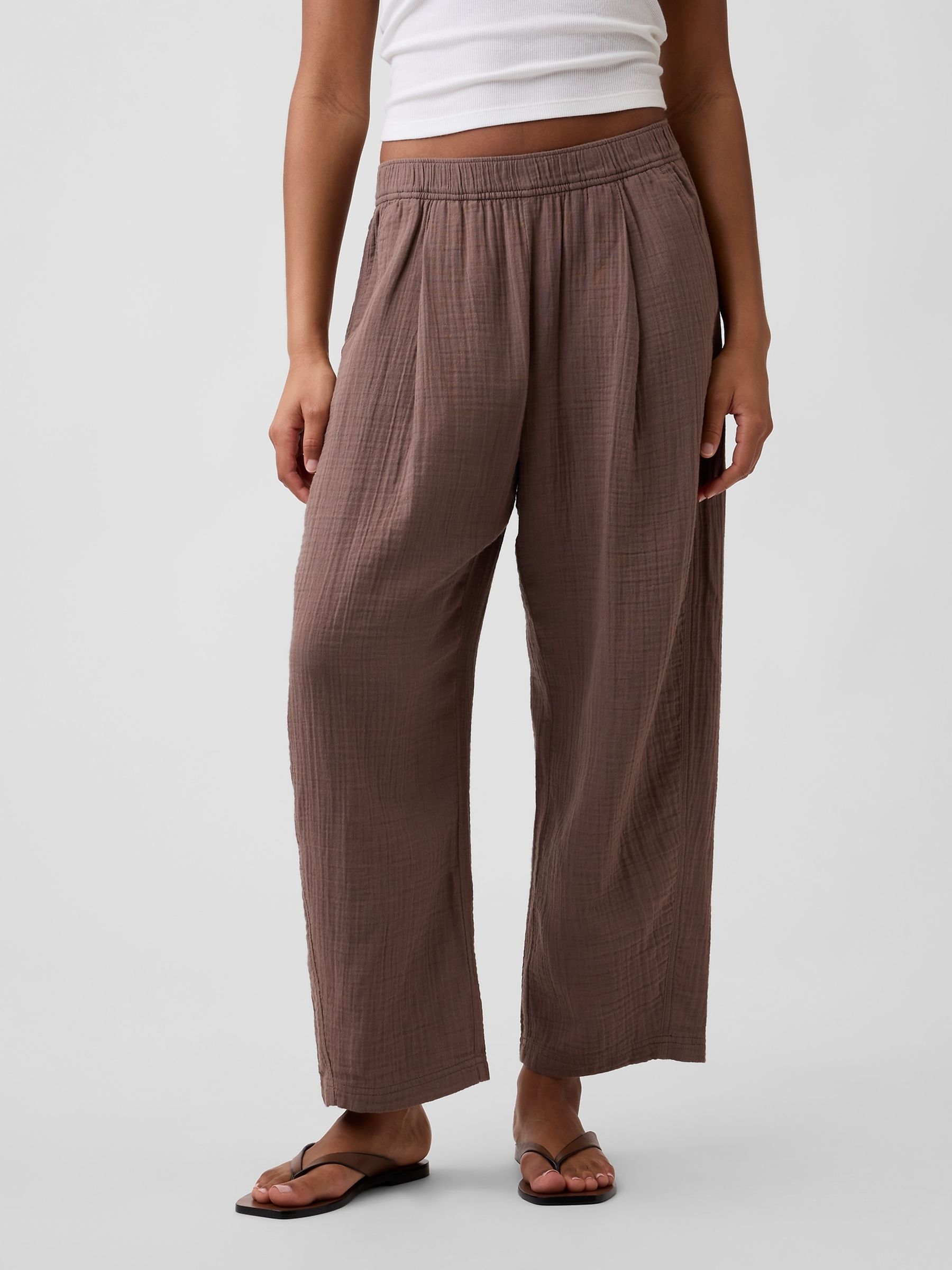 Brown Mid Rise Pull On Barrel Gauze Trousers - Image 1 of 6 Brown Mid Rise Pull On Barrel Gauze Trousers - Image 1 of 6