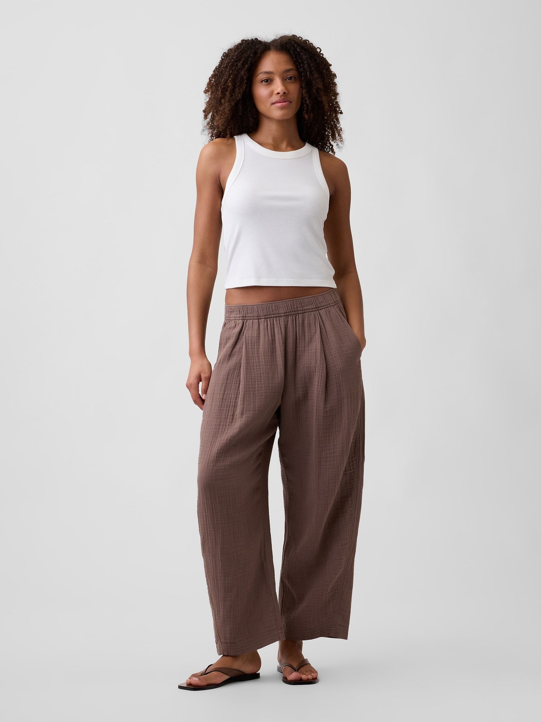 Brown Mid Rise Pull On Barrel Gauze Trousers - Image 3 of 6