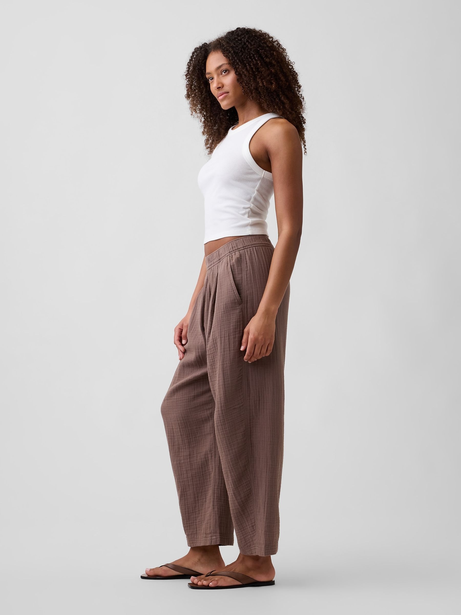 Brown Mid Rise Pull On Barrel Gauze Trousers - Image 4 of 6