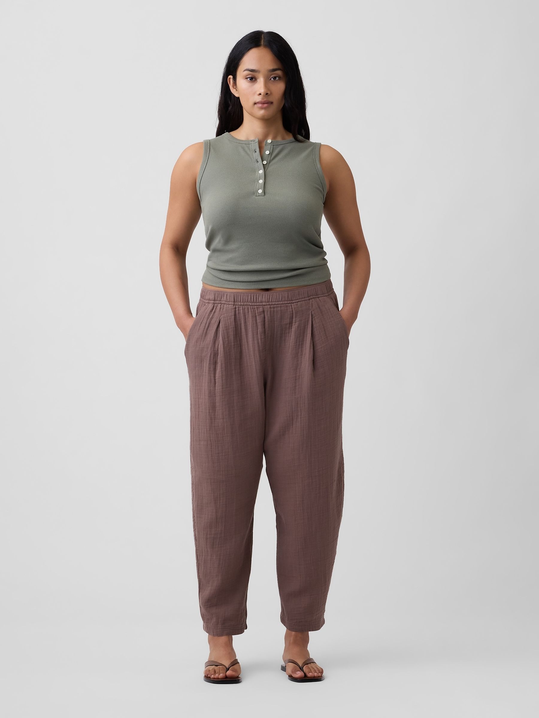 Brown Mid Rise Pull On Barrel Gauze Trousers - Image 5 of 6