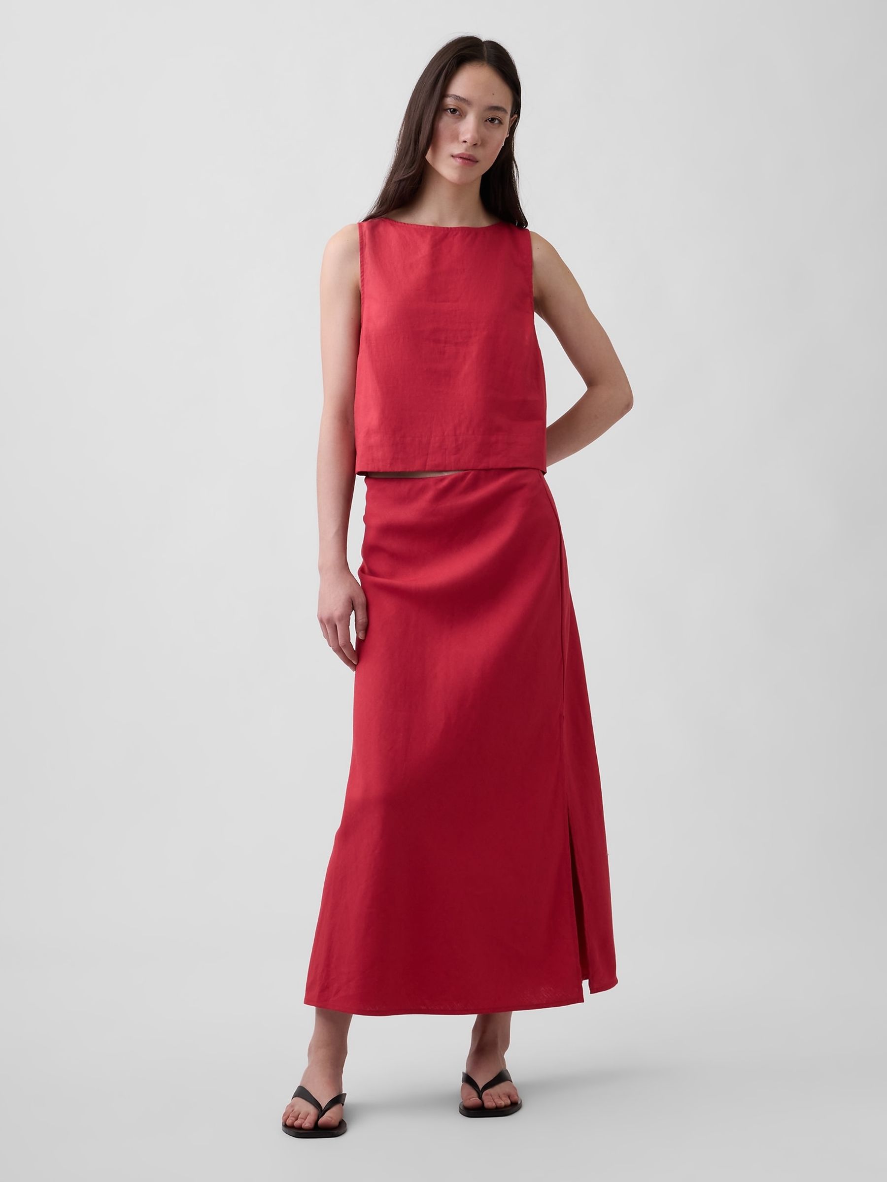 Red Linen-Blend Maxi Slip Skirt - Image 1 of 4 Red Linen-Blend Maxi Slip Skirt - Image 1 of 4