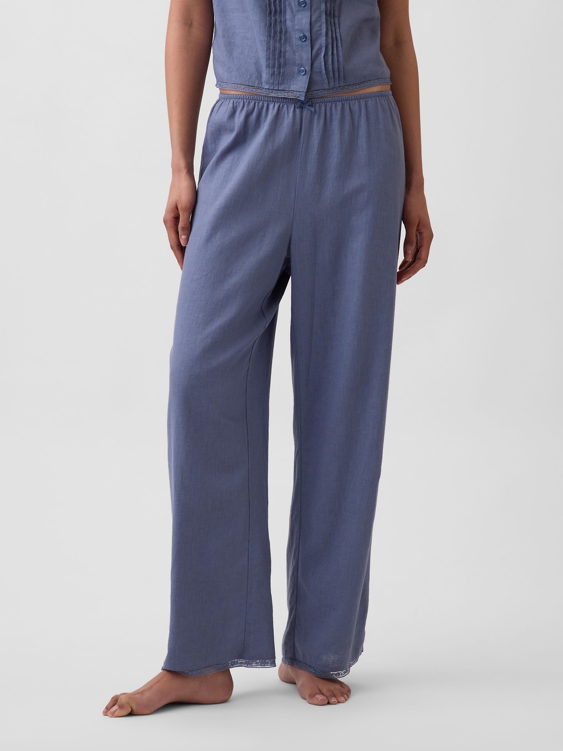 Blue Linen-Blend Lace-Hem Pyjama Bottoms - Image 1 of 5