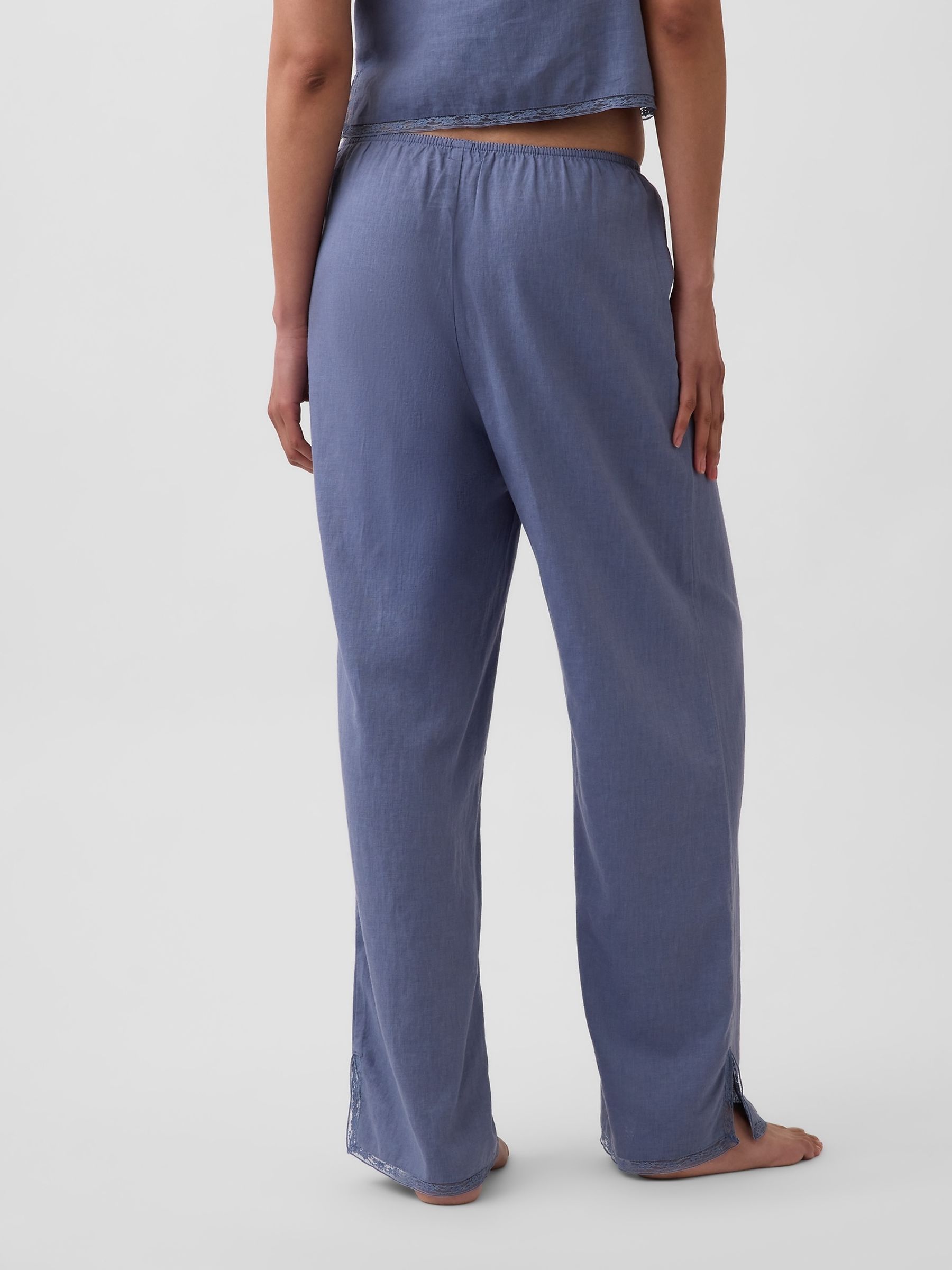 Blue Linen-Blend Lace-Hem Pyjama Bottoms - Image 2 of 5