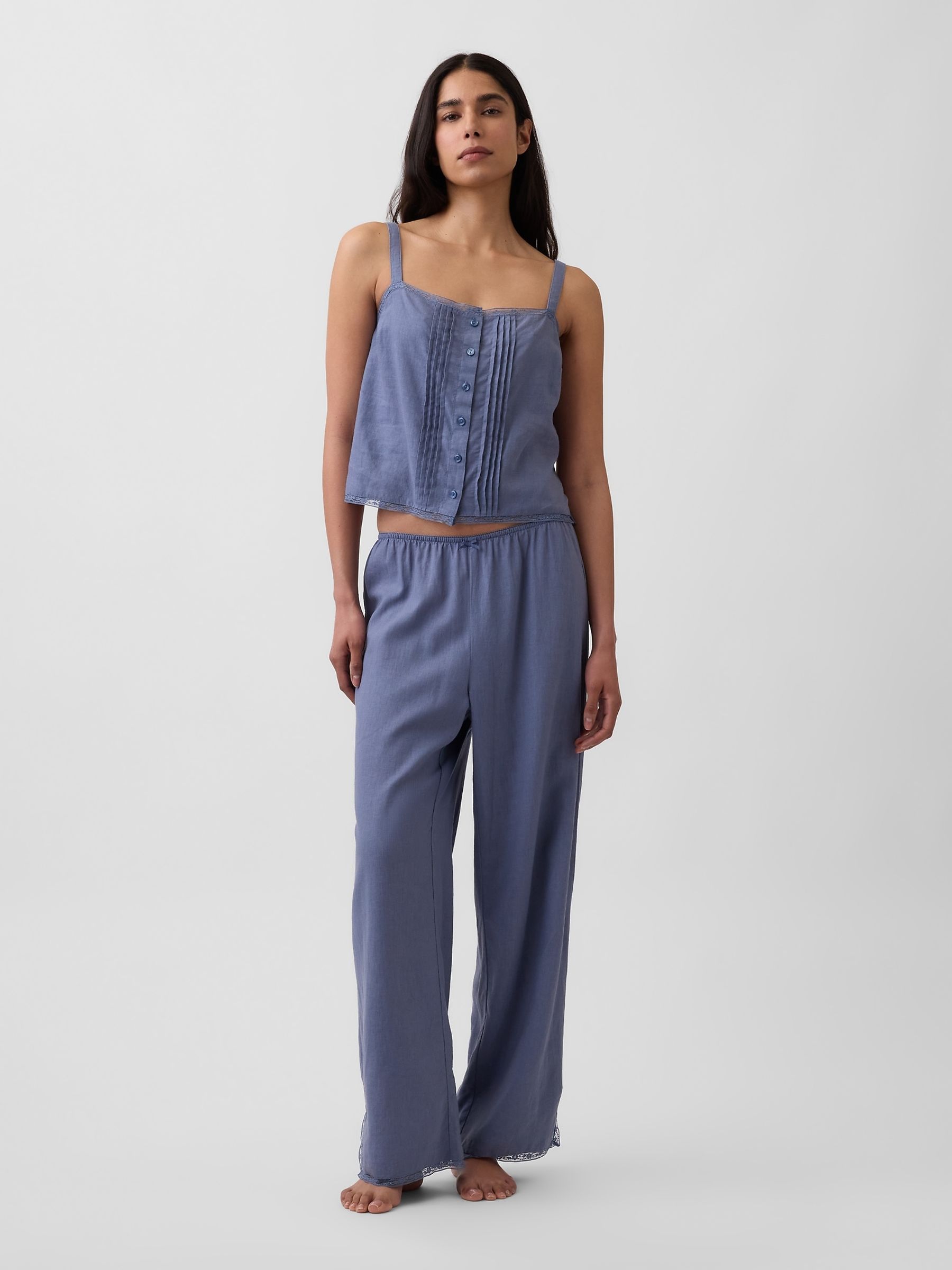 Blue Linen-Blend Lace-Hem Pyjama Bottoms - Image 4 of 5