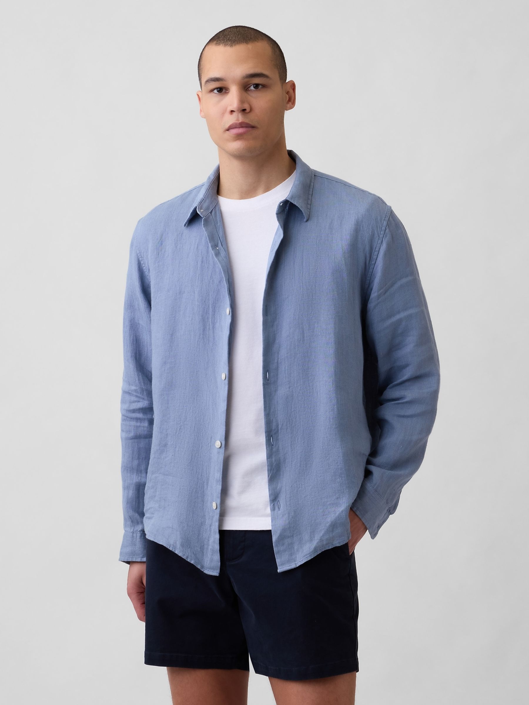 Blue Linen Relaxed Shirt - Image 1 of 4 Blue Linen Relaxed Shirt - Image 1 of 4