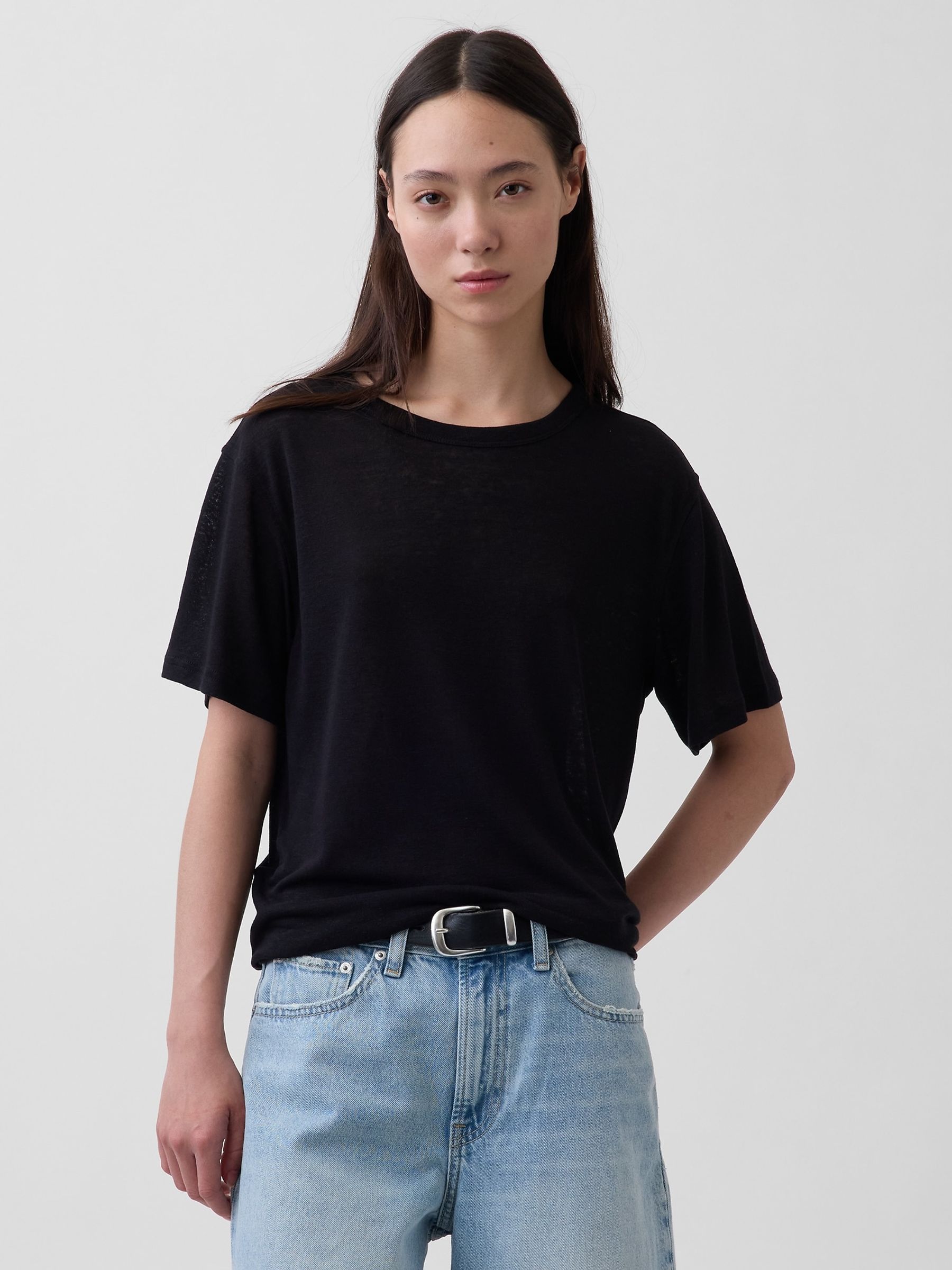 Black Linen-Blend Relaxed T-Shirt - Image 1 of 4