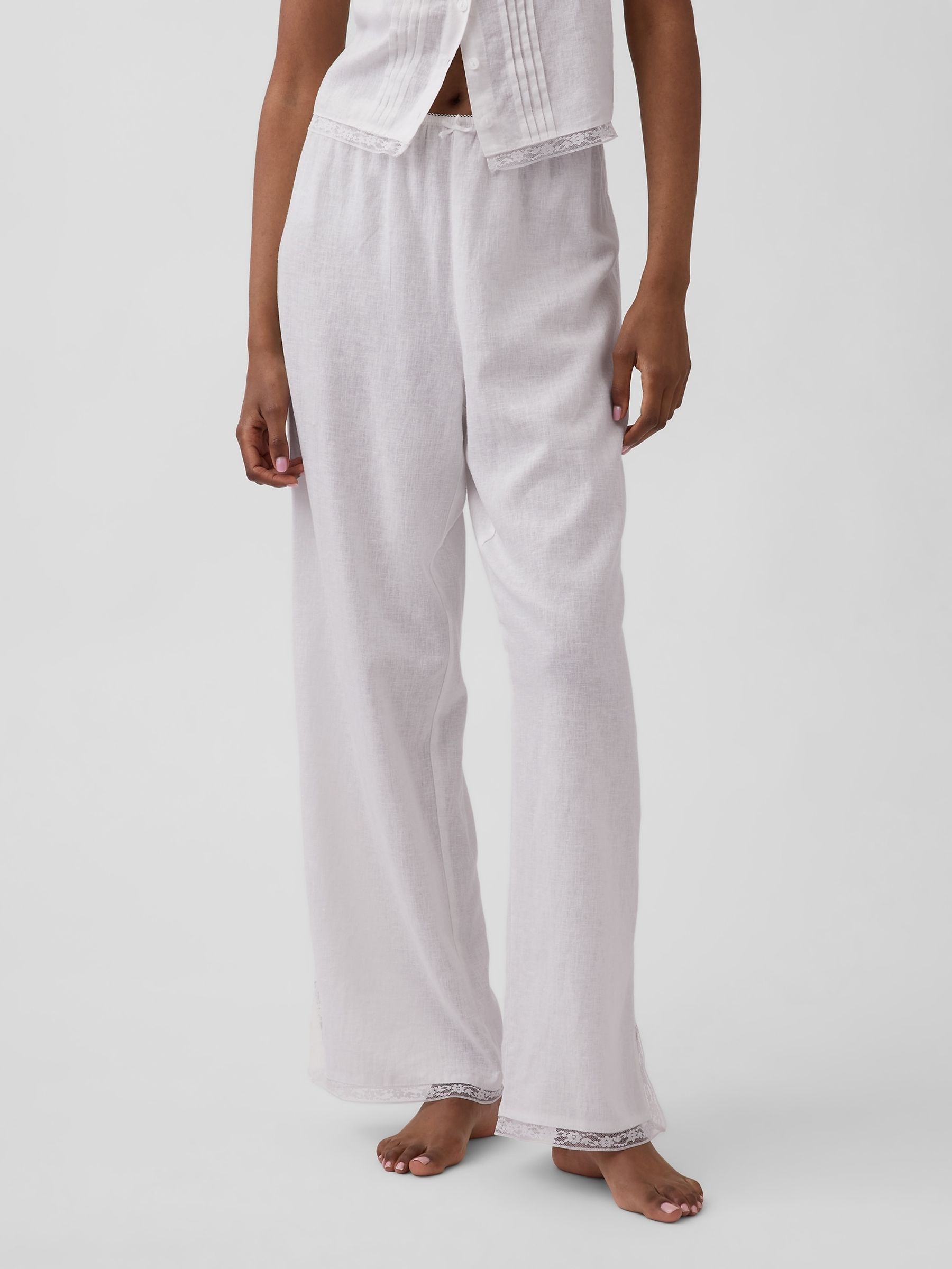 White Linen-Blend Lace-Hem Pyjama Bottoms - Image 1 of 5
