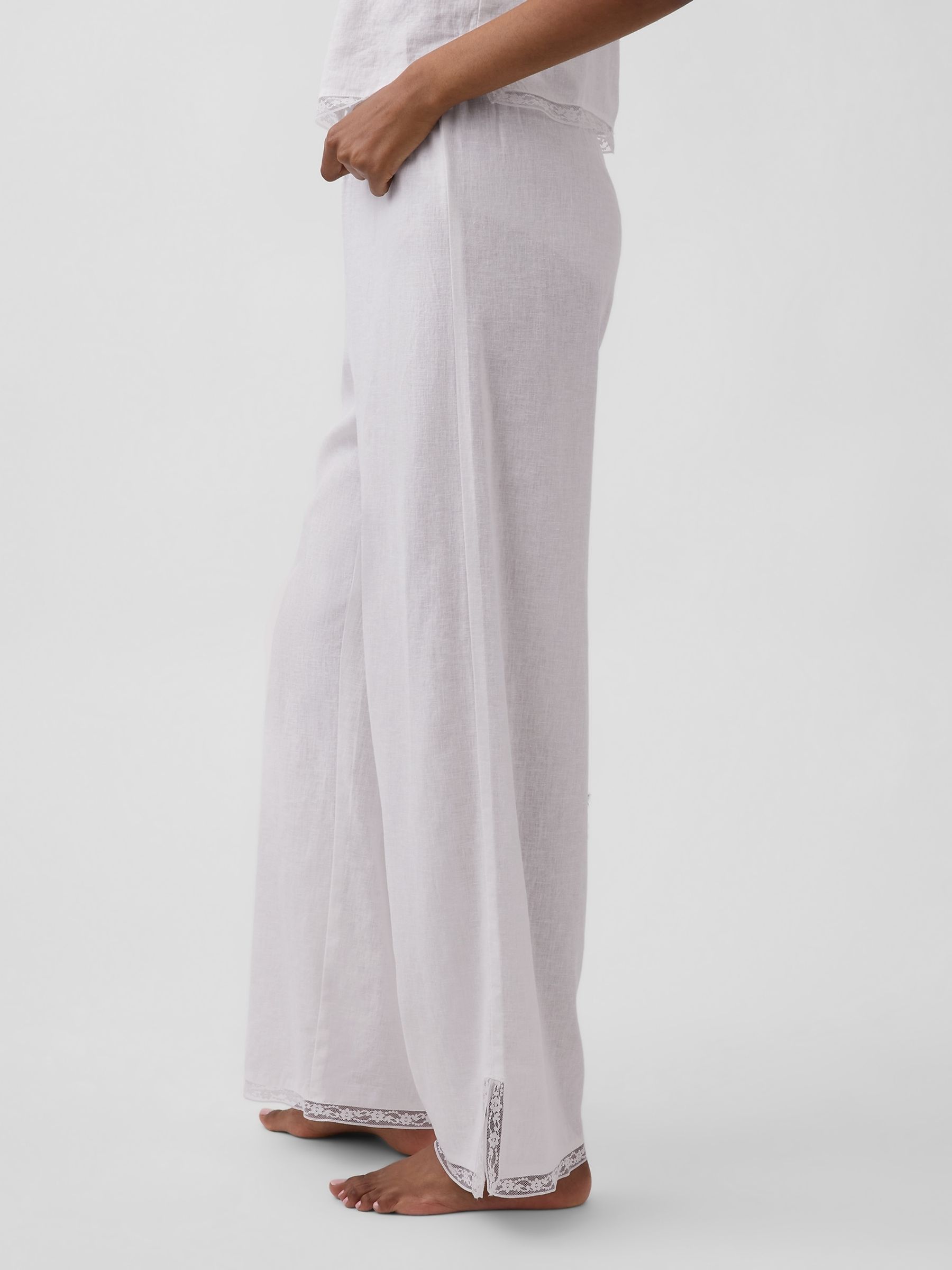 White Linen-Blend Lace-Hem Pyjama Bottoms - Image 3 of 5