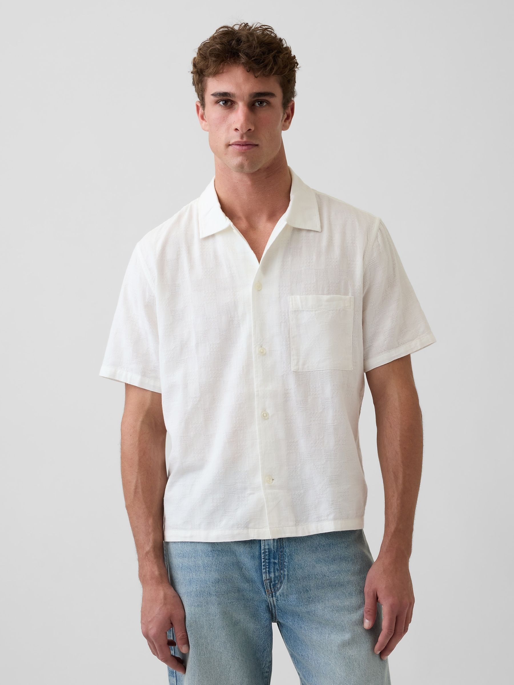 White Dobby Relaxed Straight-Hem Shirt - Image 1 of 4