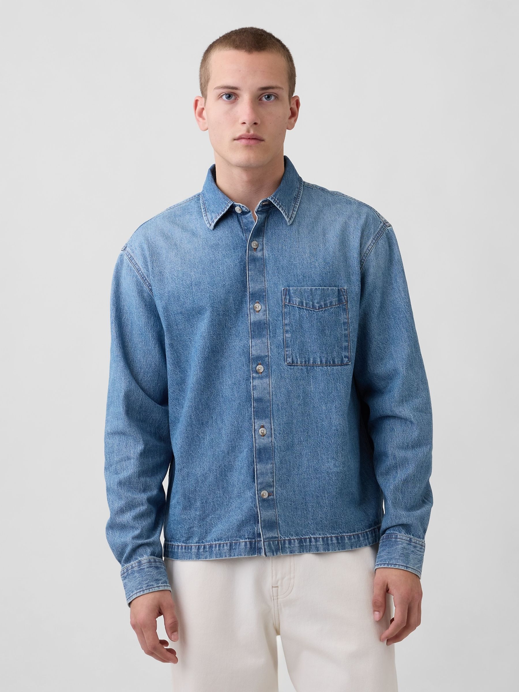 Medium wash Denim Relaxed Straight-Hem Shirt - Image 1 of 4 Medium wash Denim Relaxed Straight-Hem Shirt - Image 1 of 4