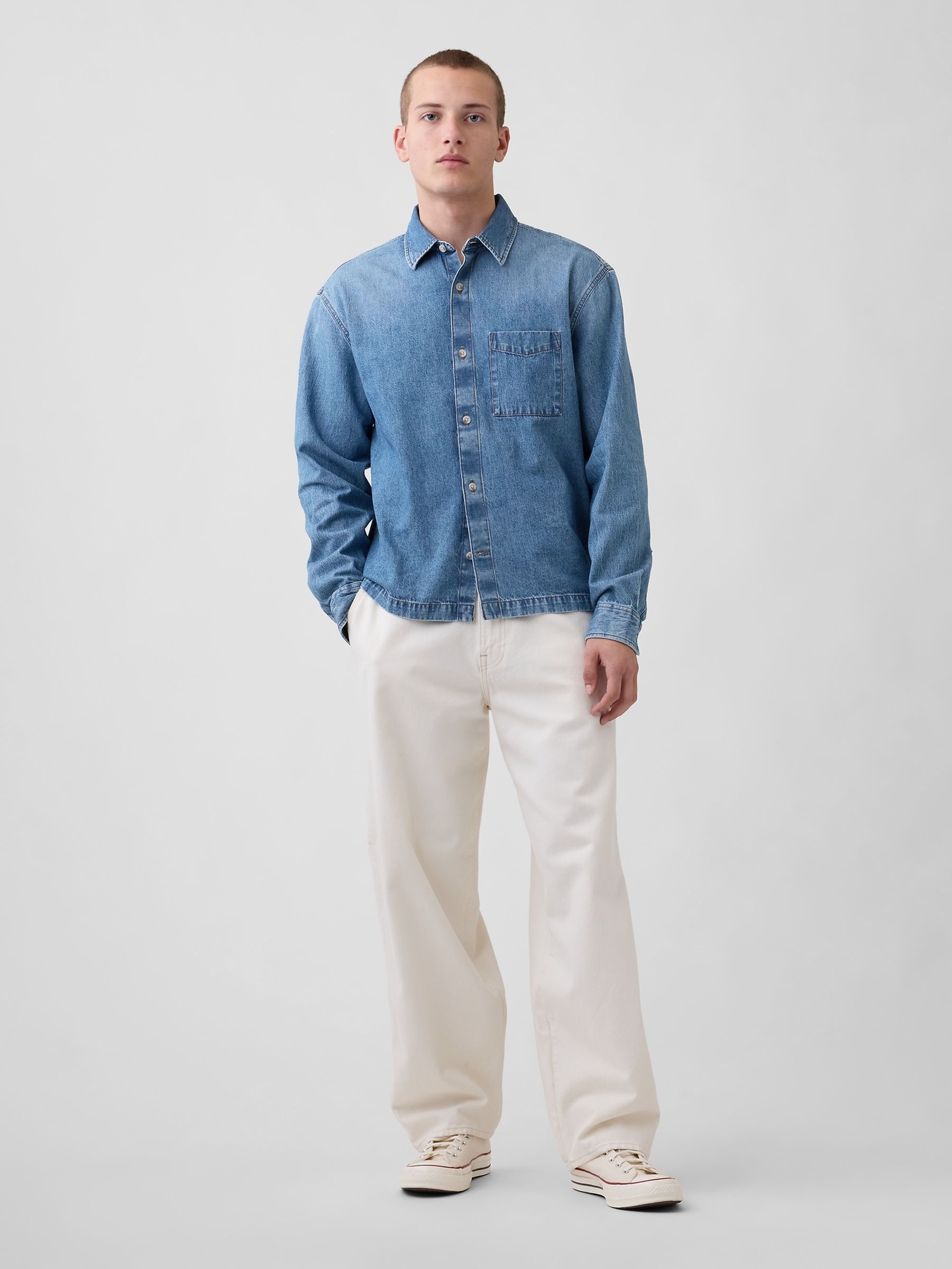 Medium wash Denim Relaxed Straight-Hem Shirt - Image 3 of 4