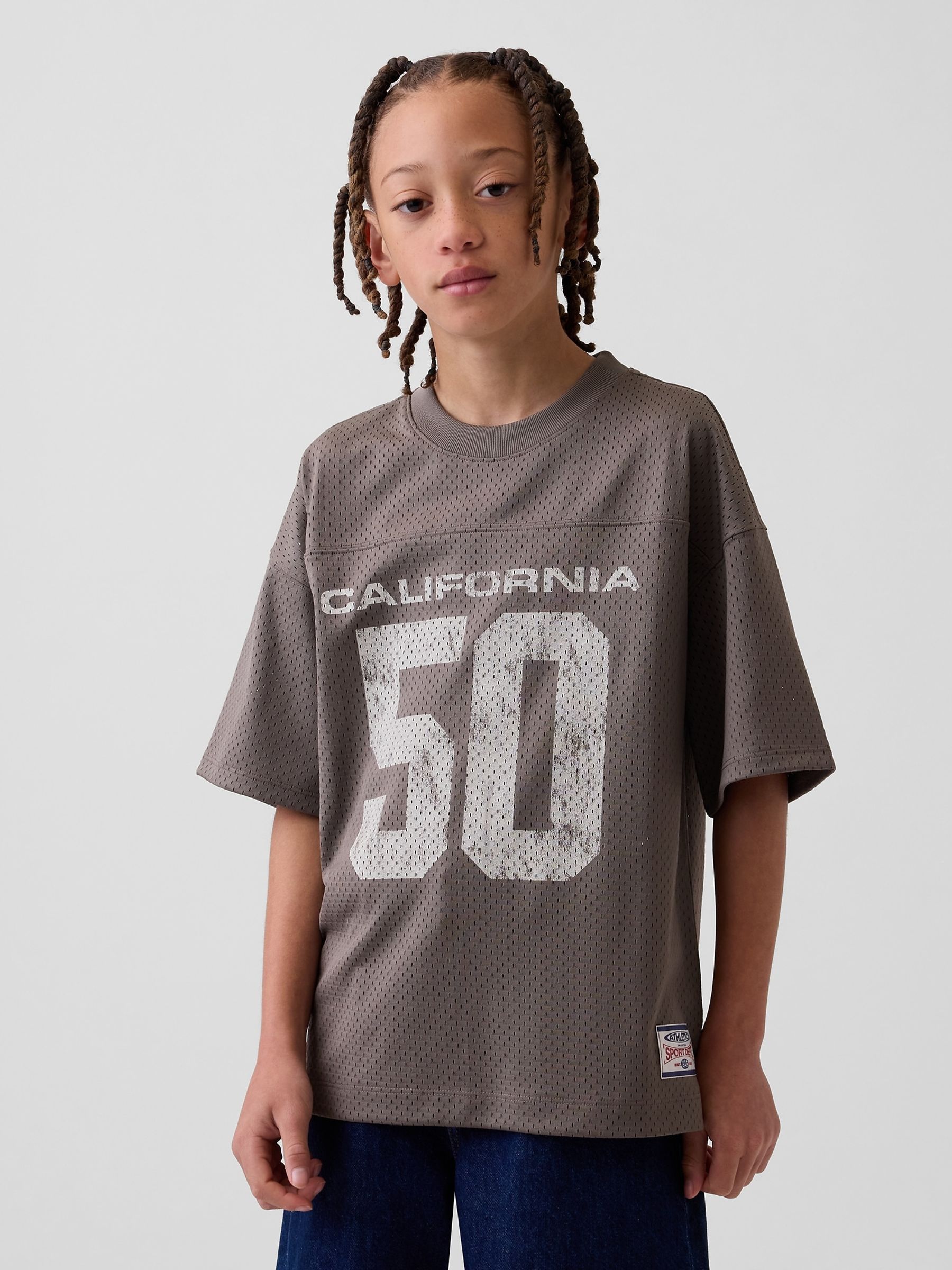 Brown Mesh Oversized Graphic Jersey T-Shirt - Image 1 of 4 Brown Mesh Oversized Graphic Jersey T-Shirt - Image 1 of 4