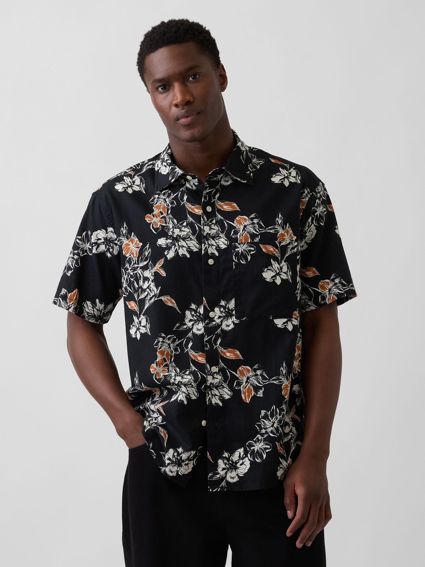 Black Floral Textured Linen-Cotton Shirt - Image 1 of 4