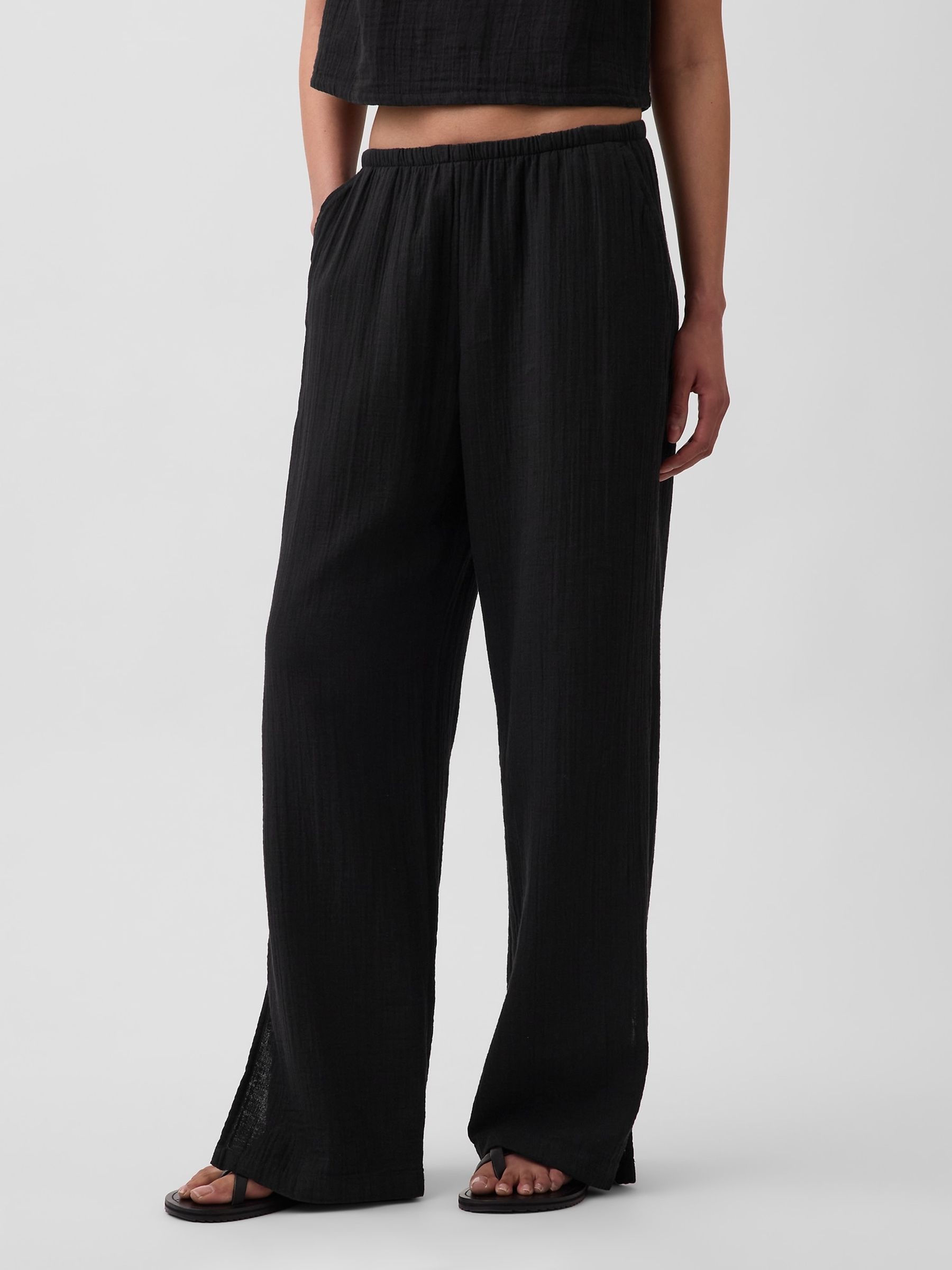Black Cotton Gauze Easy Split-Hem Trousers - Image 1 of 4