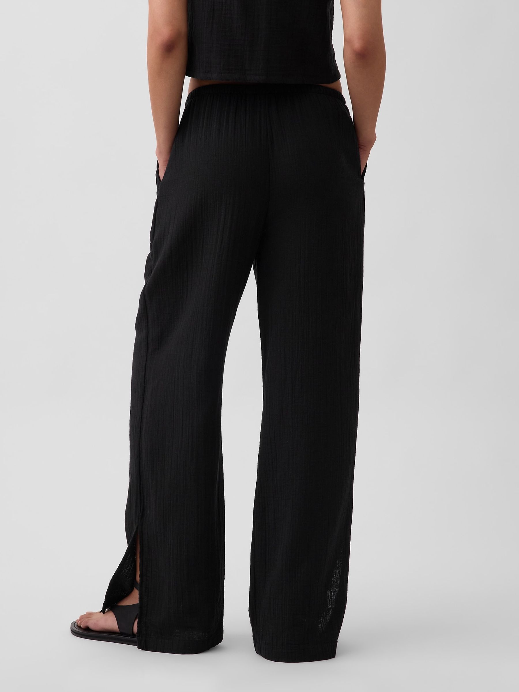 Black Cotton Gauze Easy Split-Hem Trousers - Image 2 of 4