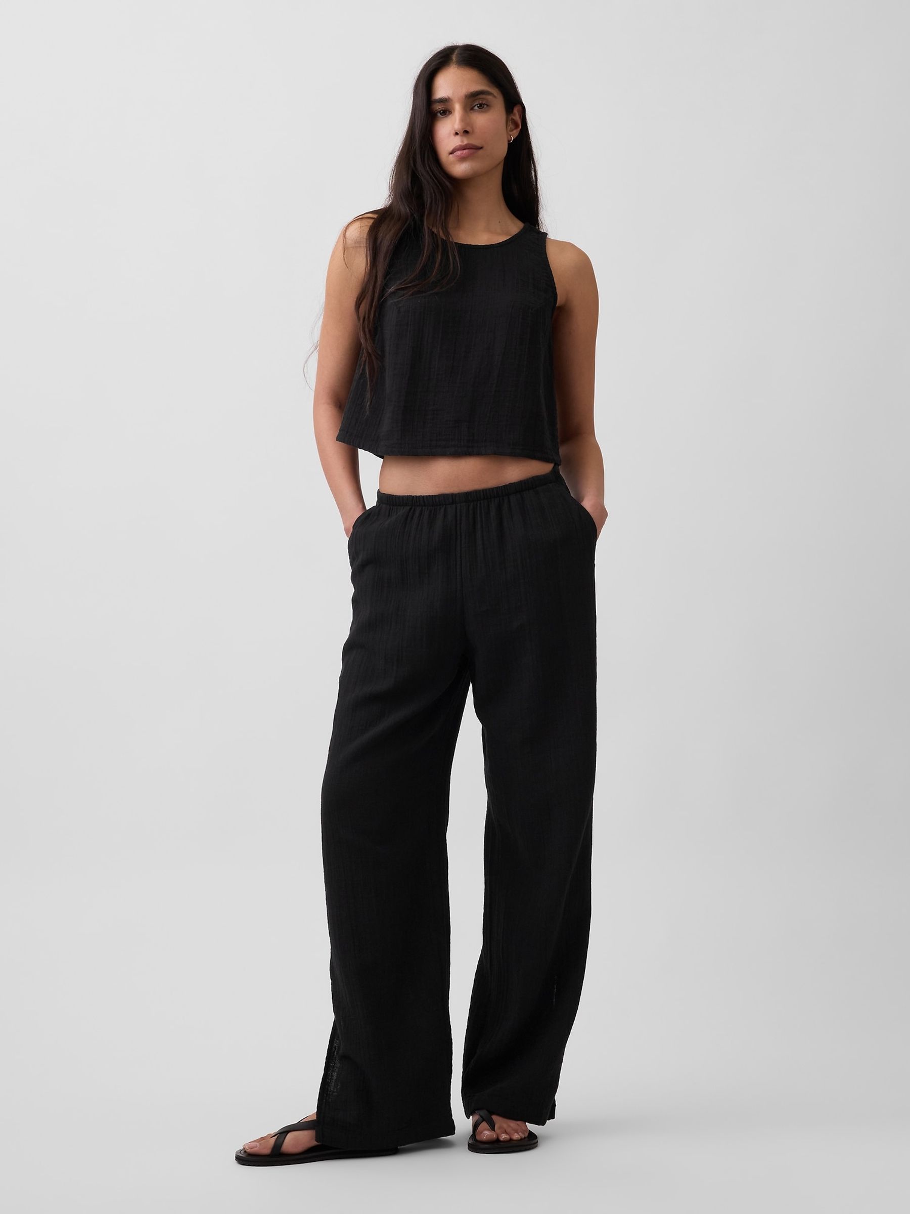 Black Cotton Gauze Easy Split-Hem Trousers - Image 3 of 4