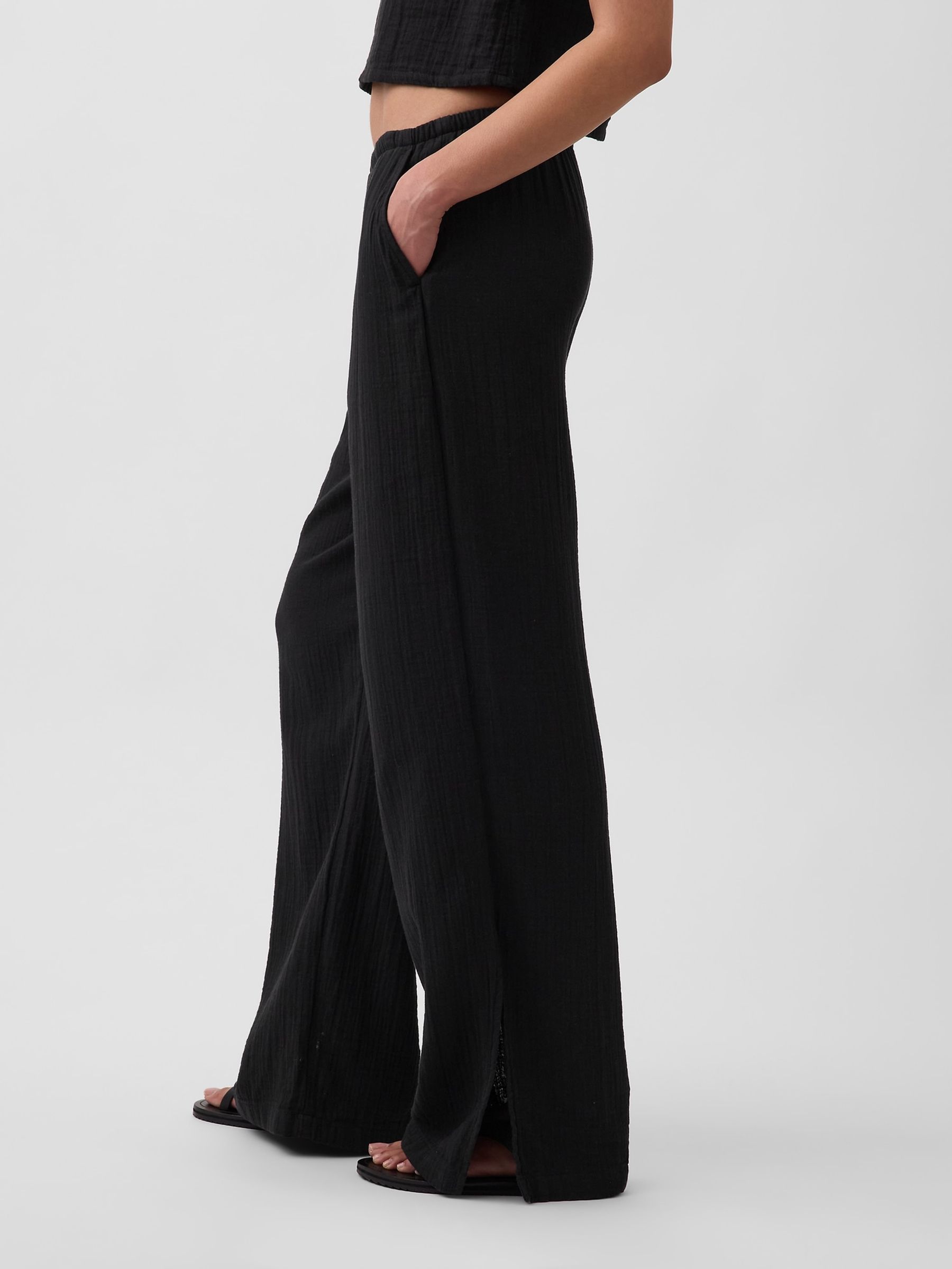 Black Cotton Gauze Easy Split-Hem Trousers - Image 4 of 4