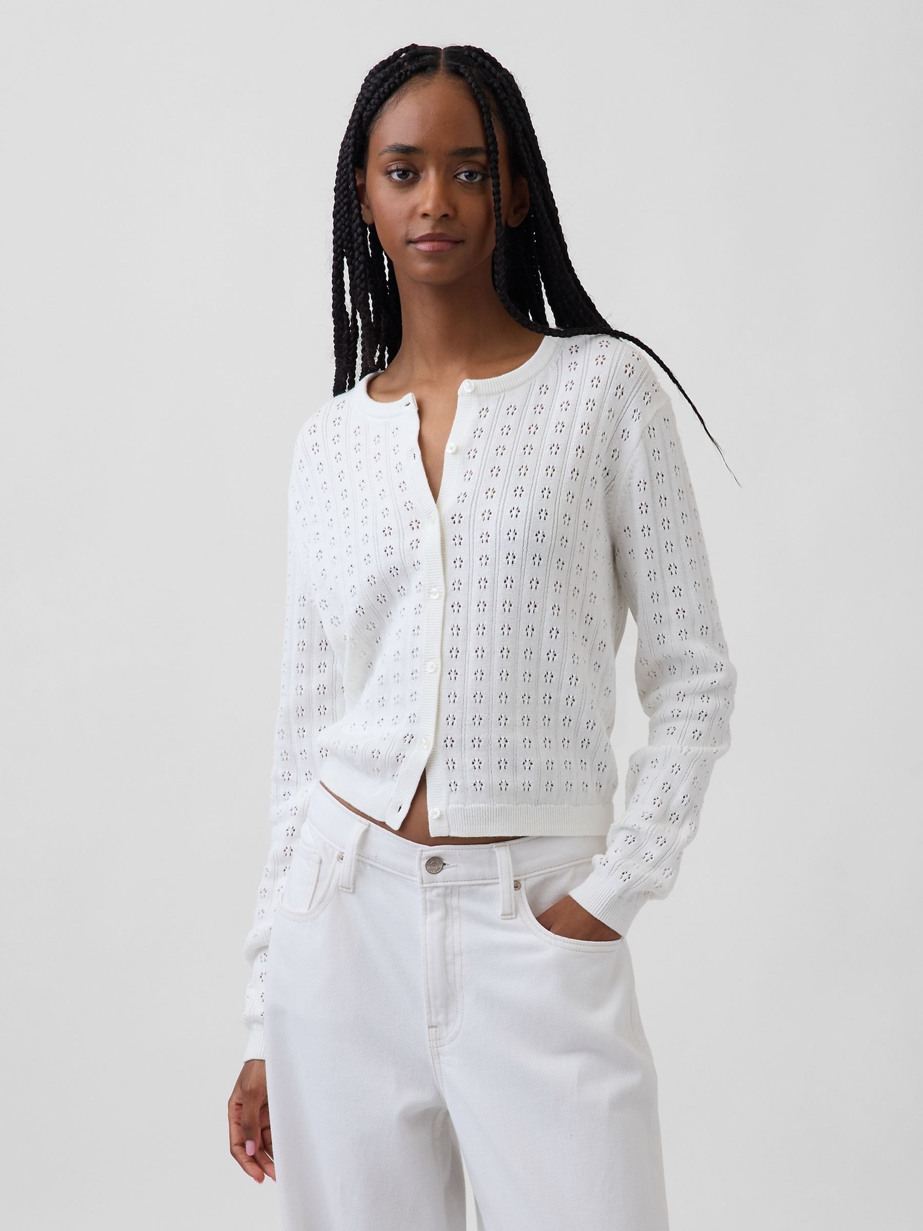 White Pointelle Crop Cardigan - Image 1 of 4