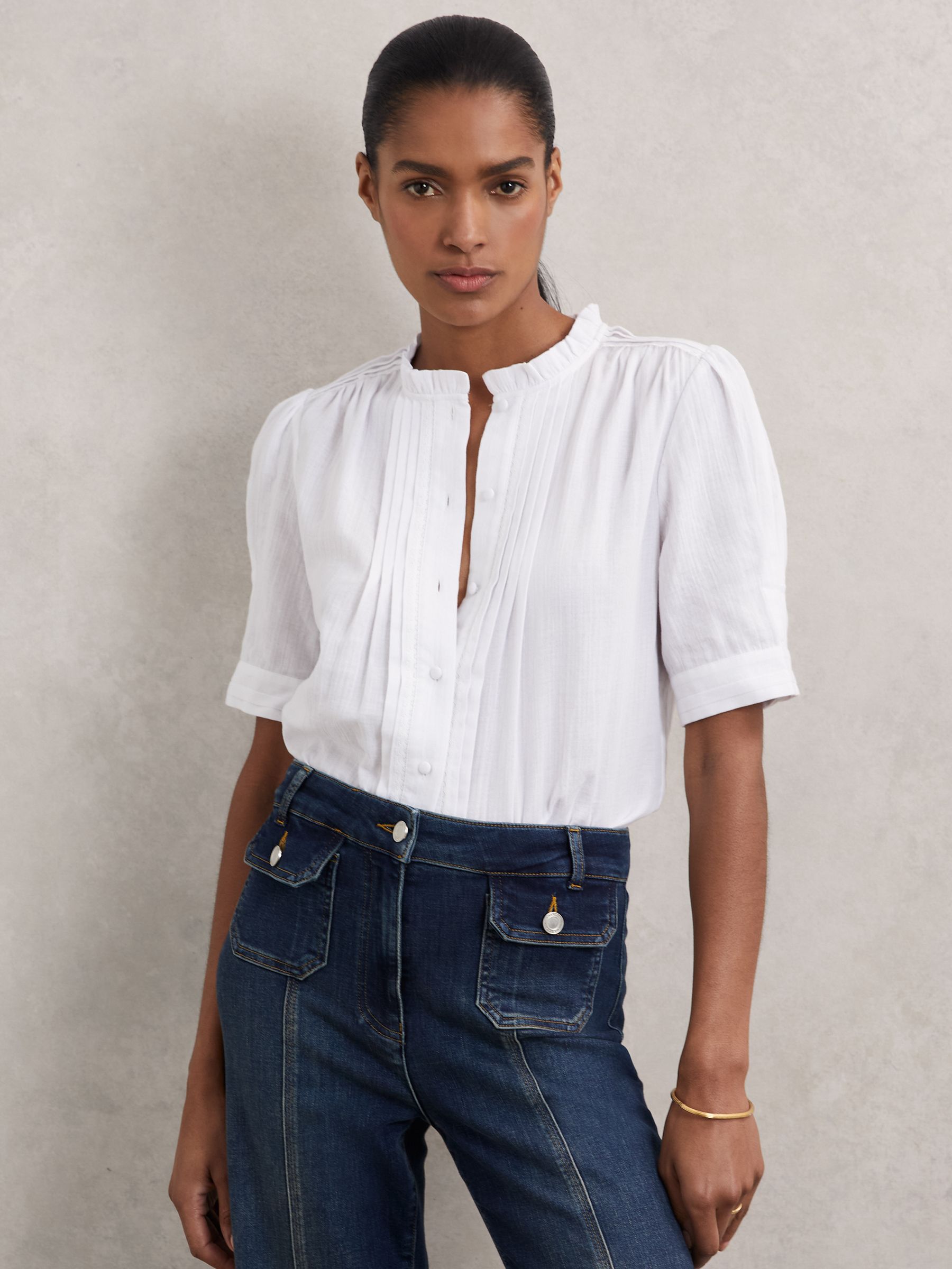 Cotton Muslin Frill-Neck Top in Ivory - Image 1 of 6