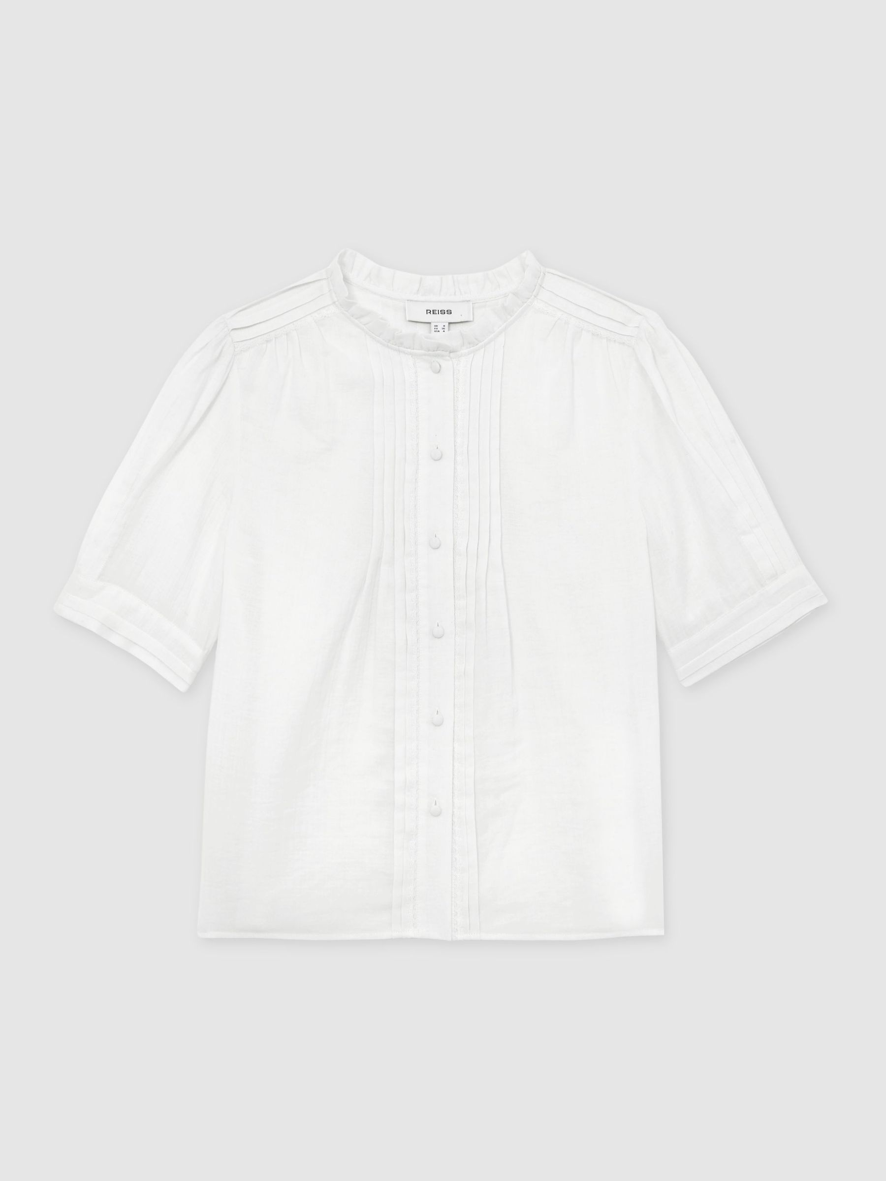 Cotton Cheesecloth Frill-Neck Top in Ivory