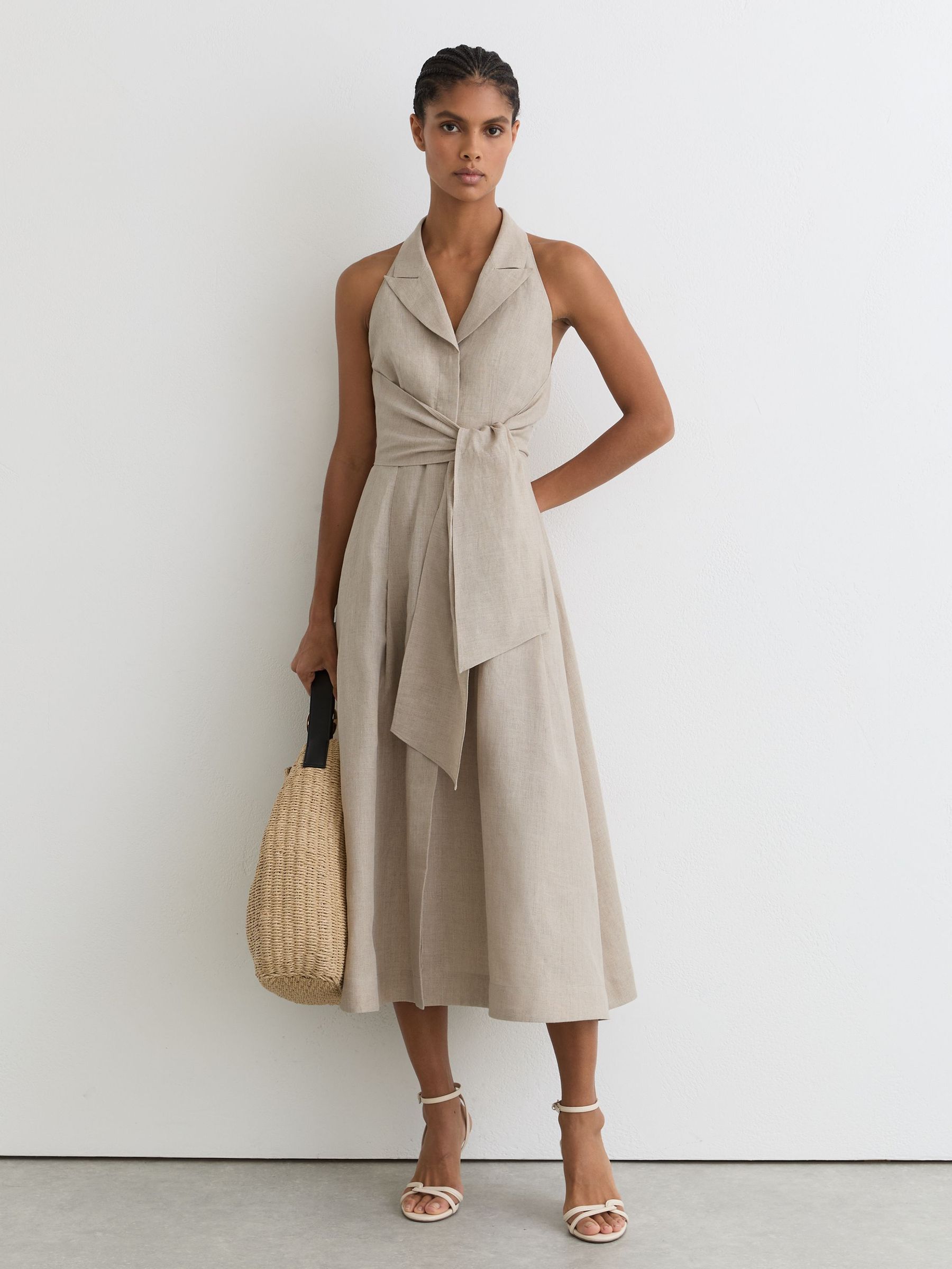 Petite Linen Tie-Waist Tailored Midi Dress in Neutral - Image 1 of 8