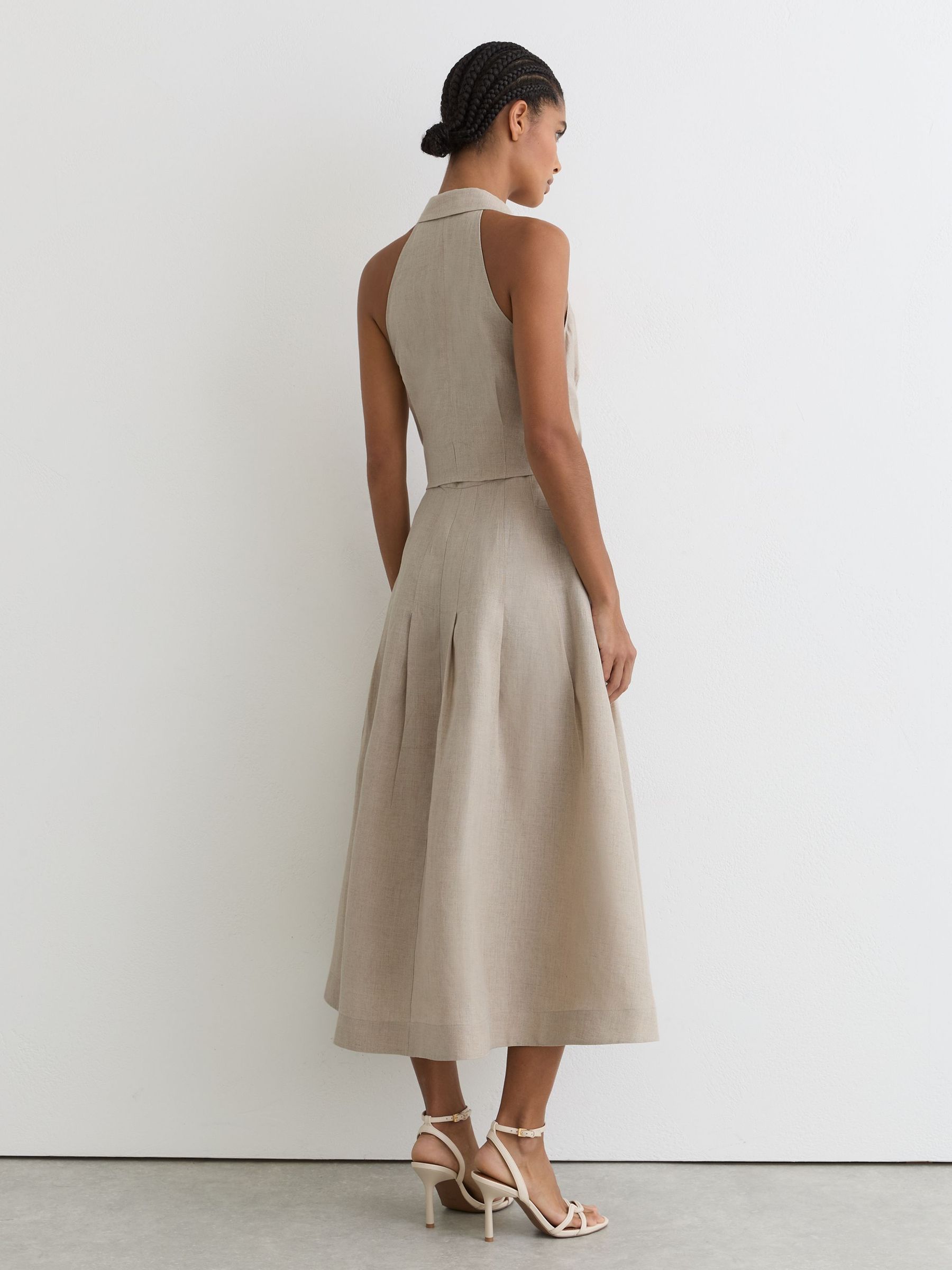 Petite Linen Tie-Waist Tailored Midi Dress in Neutral - Image 6 of 8