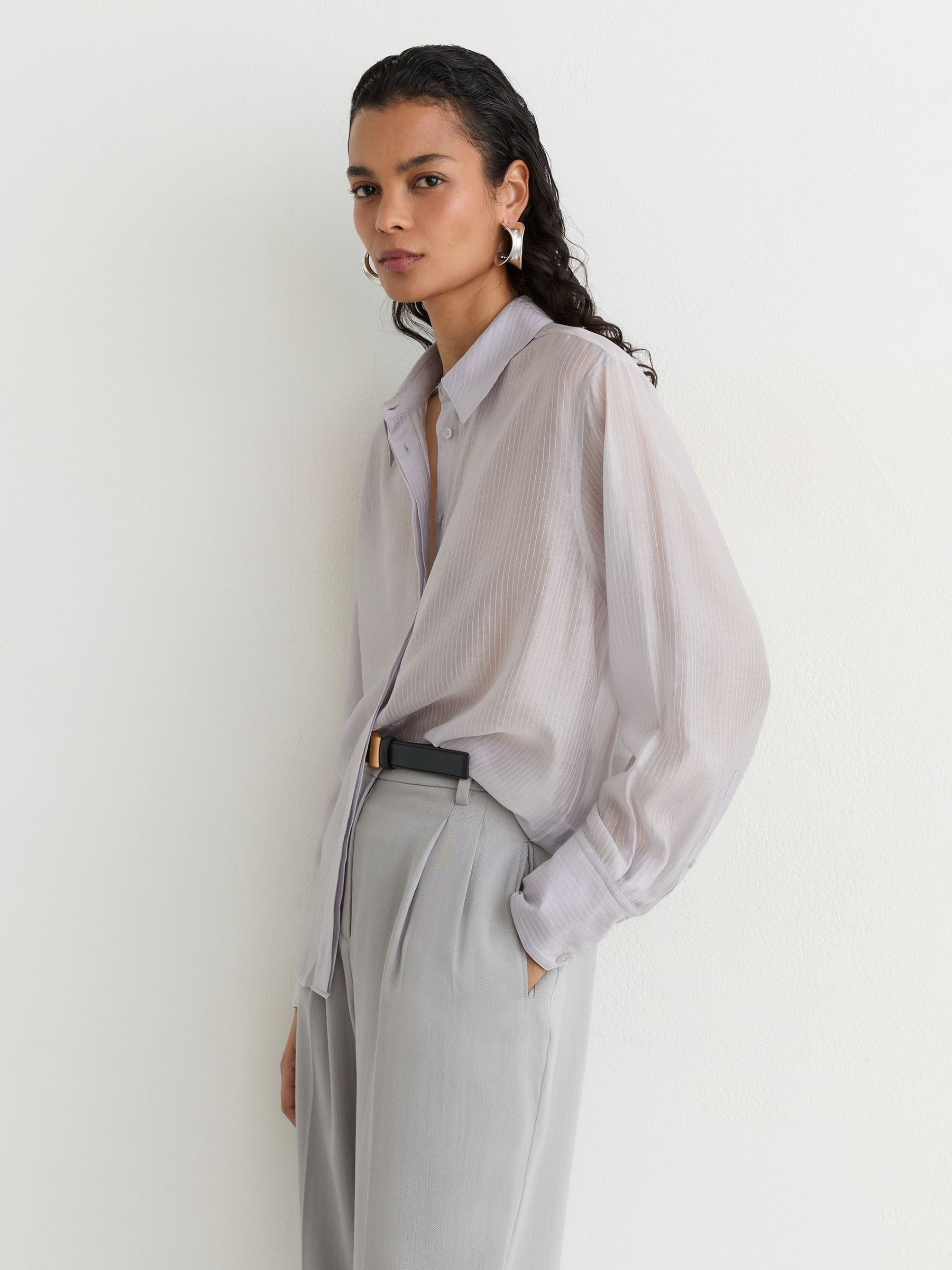 Sheer Striped Long-Sleeve Shirt in Blue - Image 1 of 7