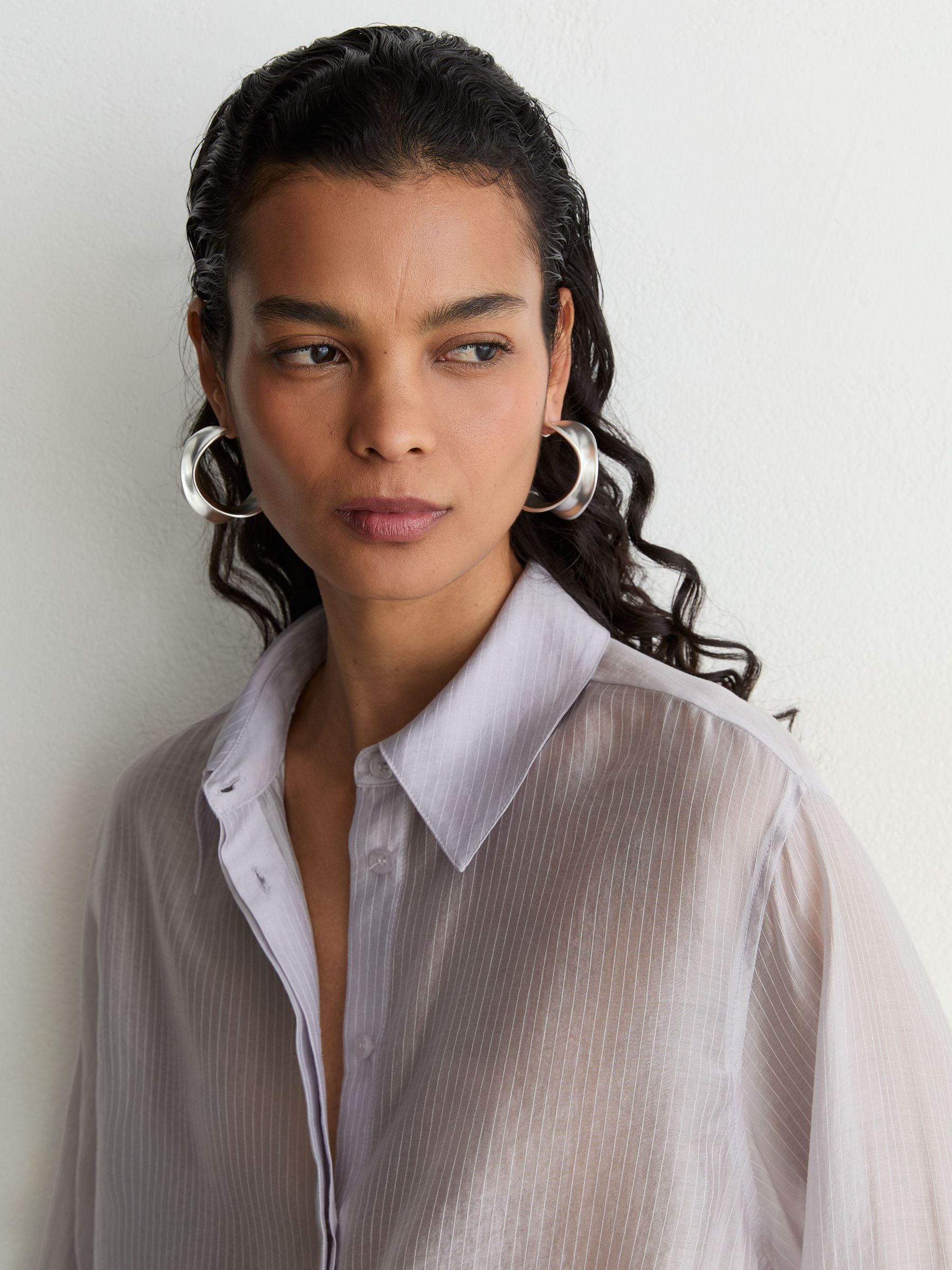 Sheer Striped Long-Sleeve Shirt in Blue - Image 3 of 7