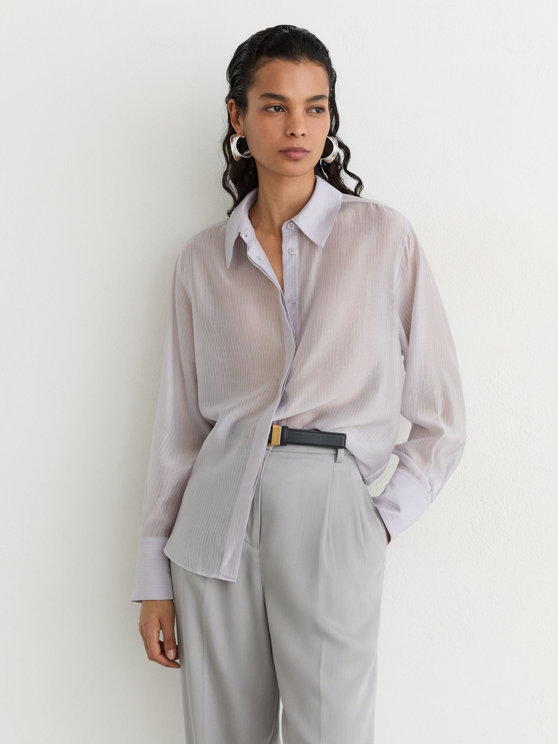 Sheer Striped Long-Sleeve Shirt in Blue - Image 6 of 7