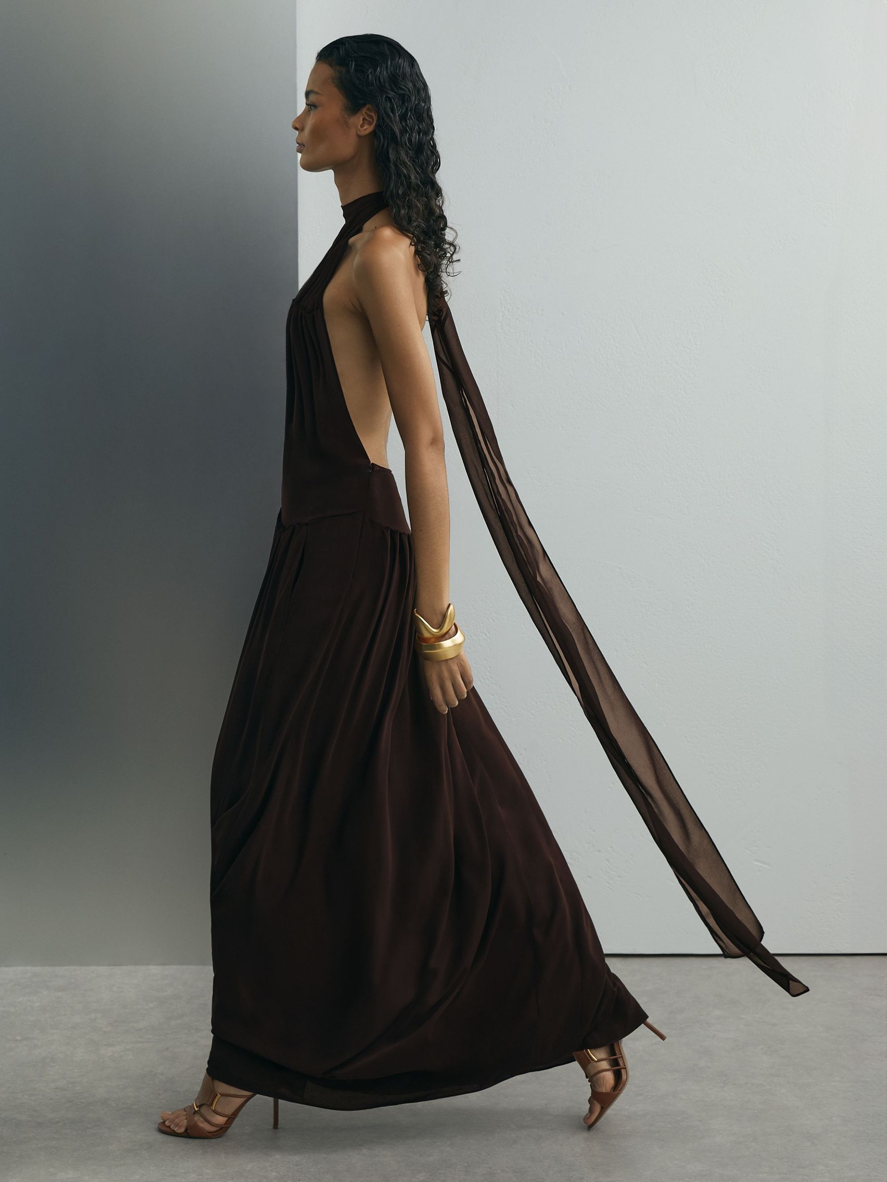 Atelier Chiffon Draped Halterneck Maxi Dress in Chocolate - image 2