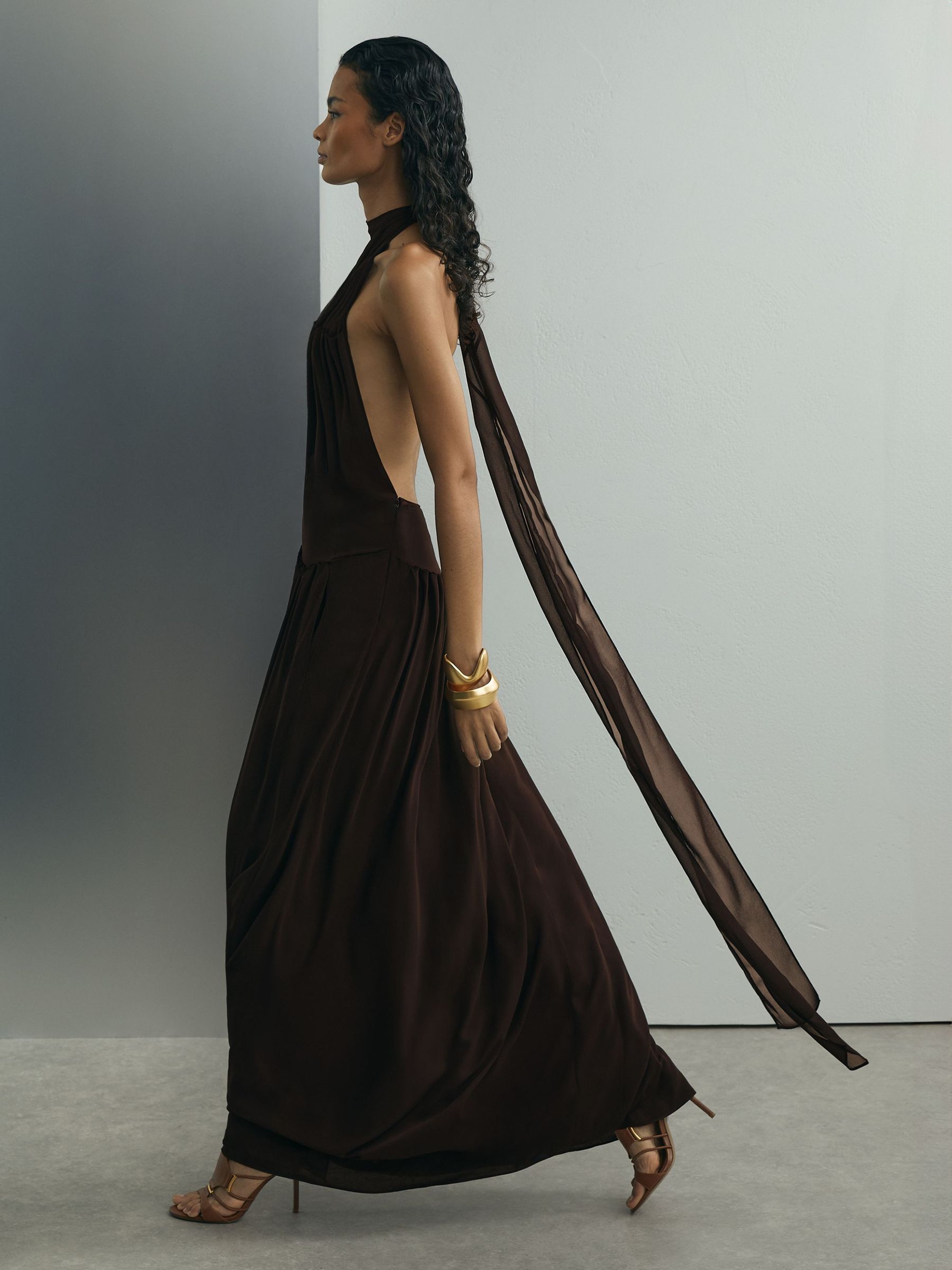 Atelier Chiffon Draped Halterneck Maxi Dress in Chocolate - Image 1 of 7