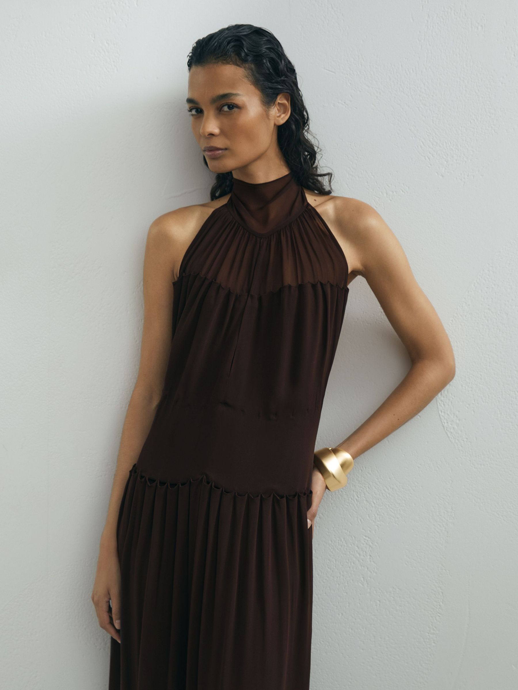 Atelier Chiffon Draped Halterneck Maxi Dress in Chocolate - Image 4 of 7