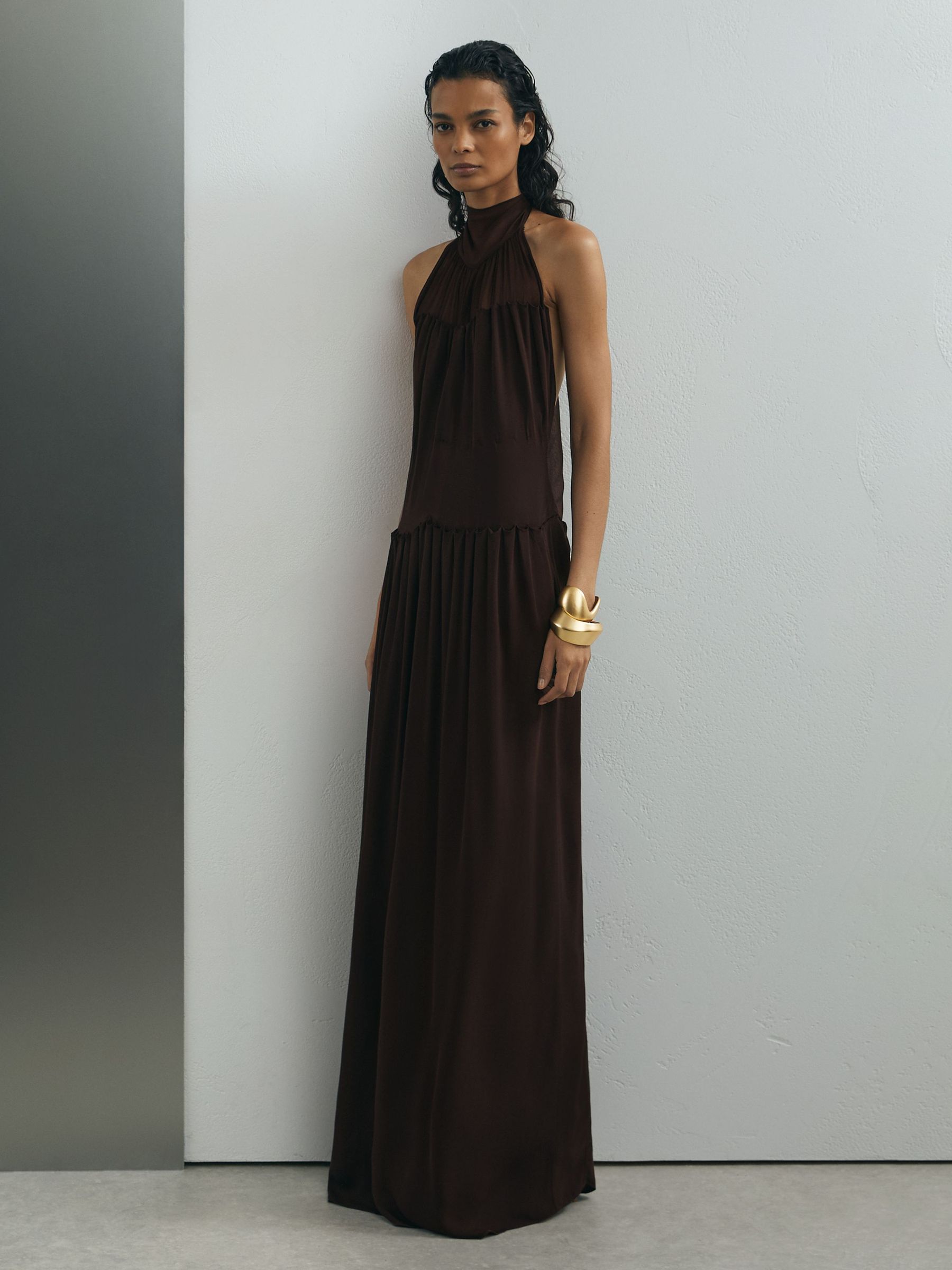 Atelier Chiffon Draped Halterneck Maxi Dress in Chocolate - image 5