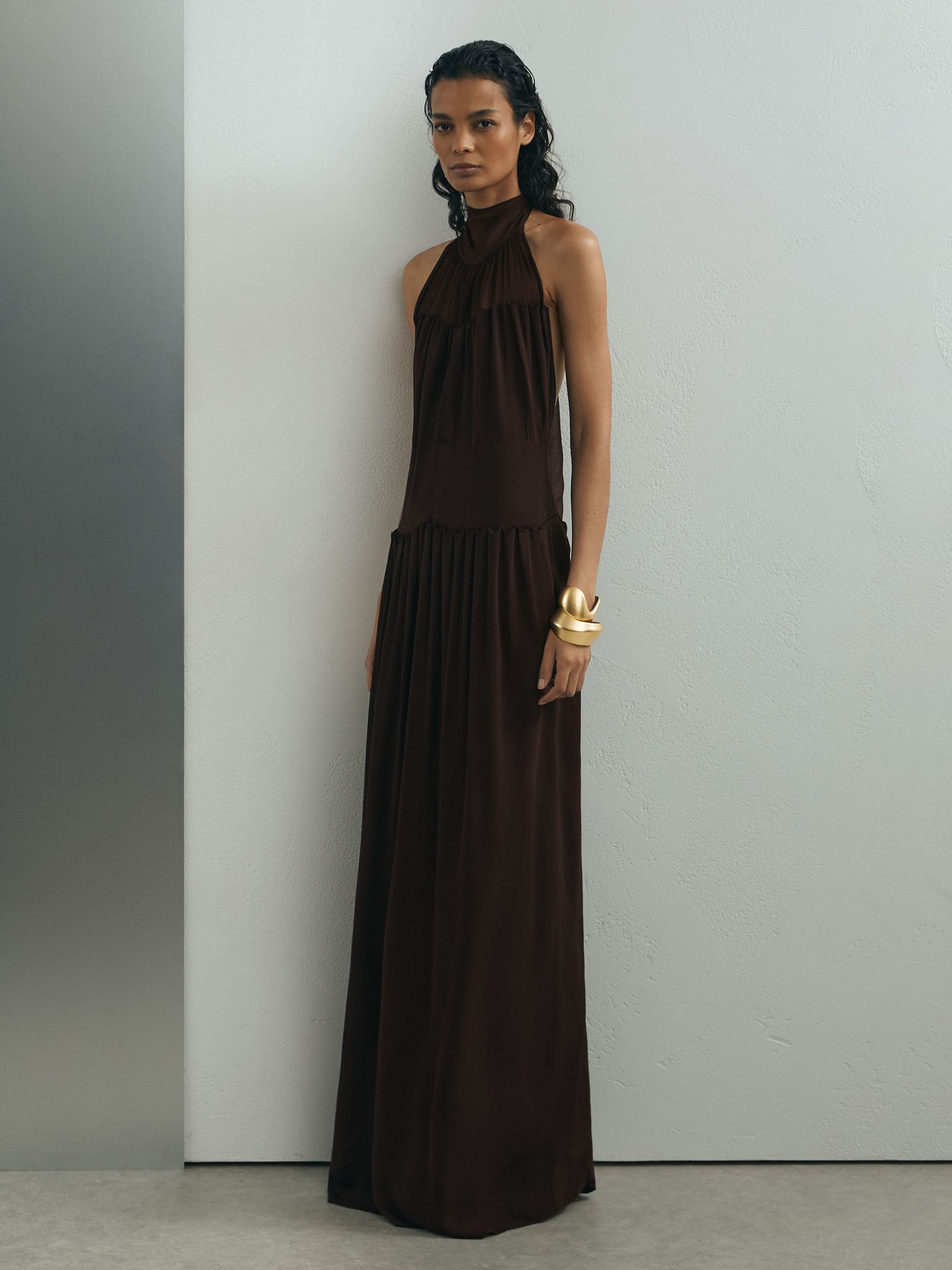 Atelier Chiffon Draped Halterneck Maxi Dress in Chocolate - Image 5 of 7