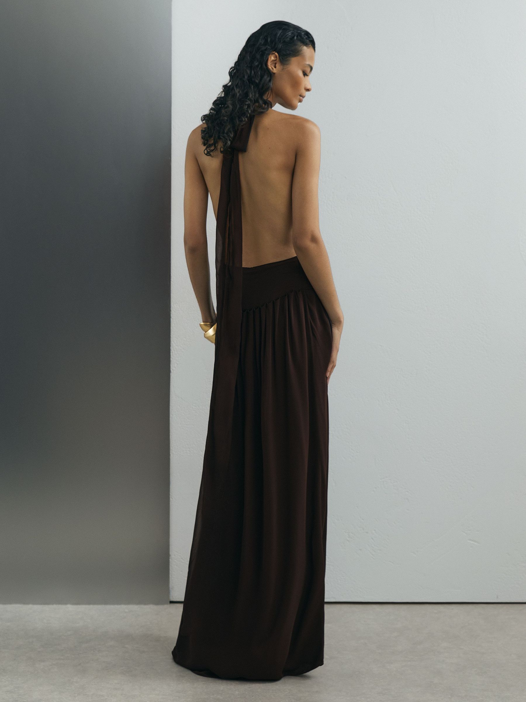 Atelier Chiffon Draped Halterneck Maxi Dress in Chocolate - image 4