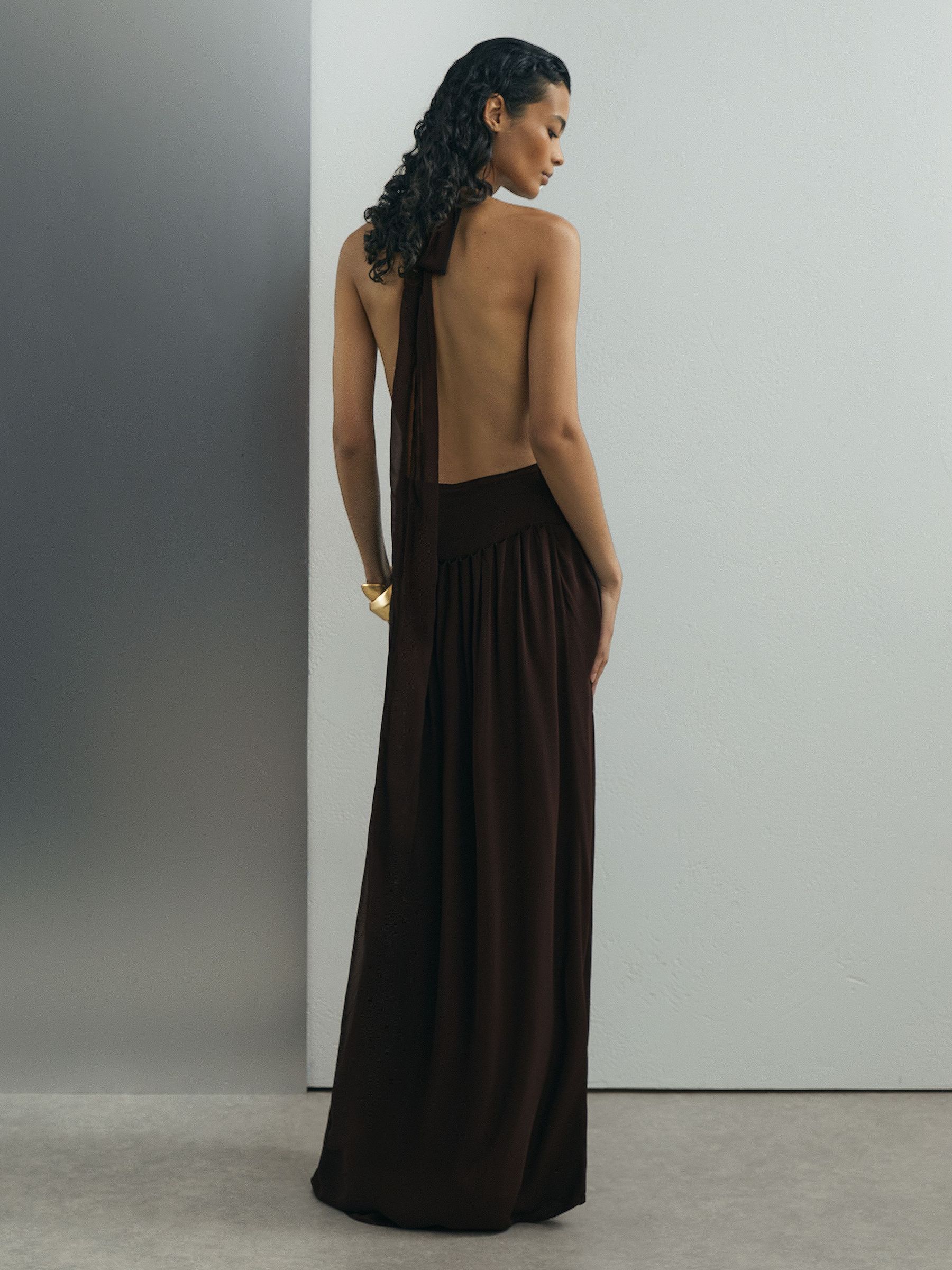 Atelier Chiffon Draped Halterneck Maxi Dress in Chocolate - Image 6 of 7
