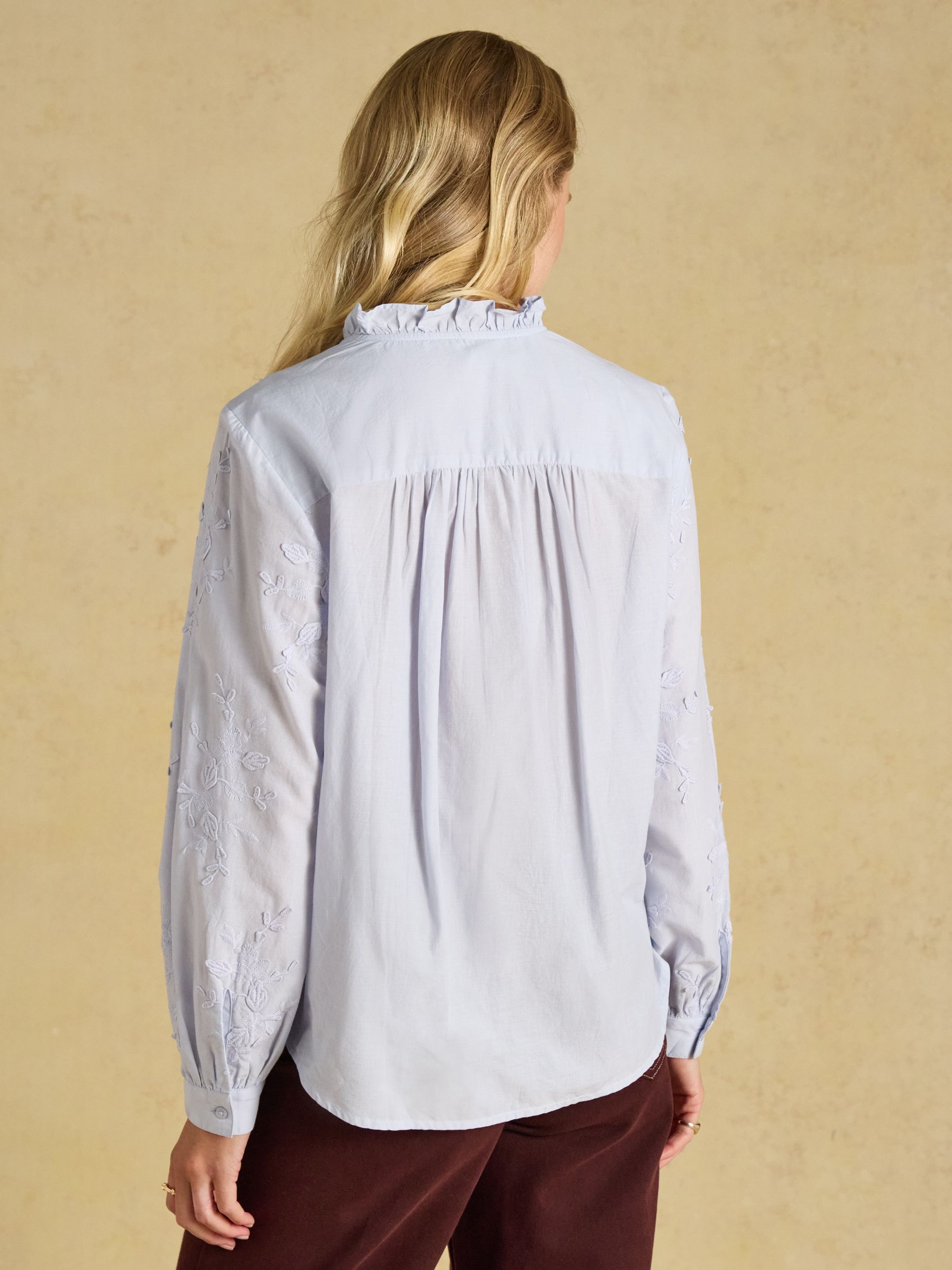 Melanie Light Blue Embroidered Frill Neck Blouse - Image 2 of 8