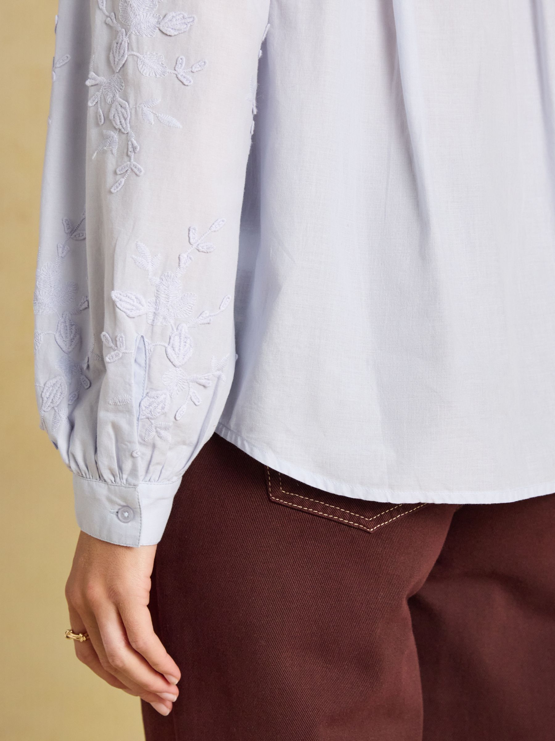 Melanie Light Blue Embroidered Frill Neck Blouse - Image 4 of 8