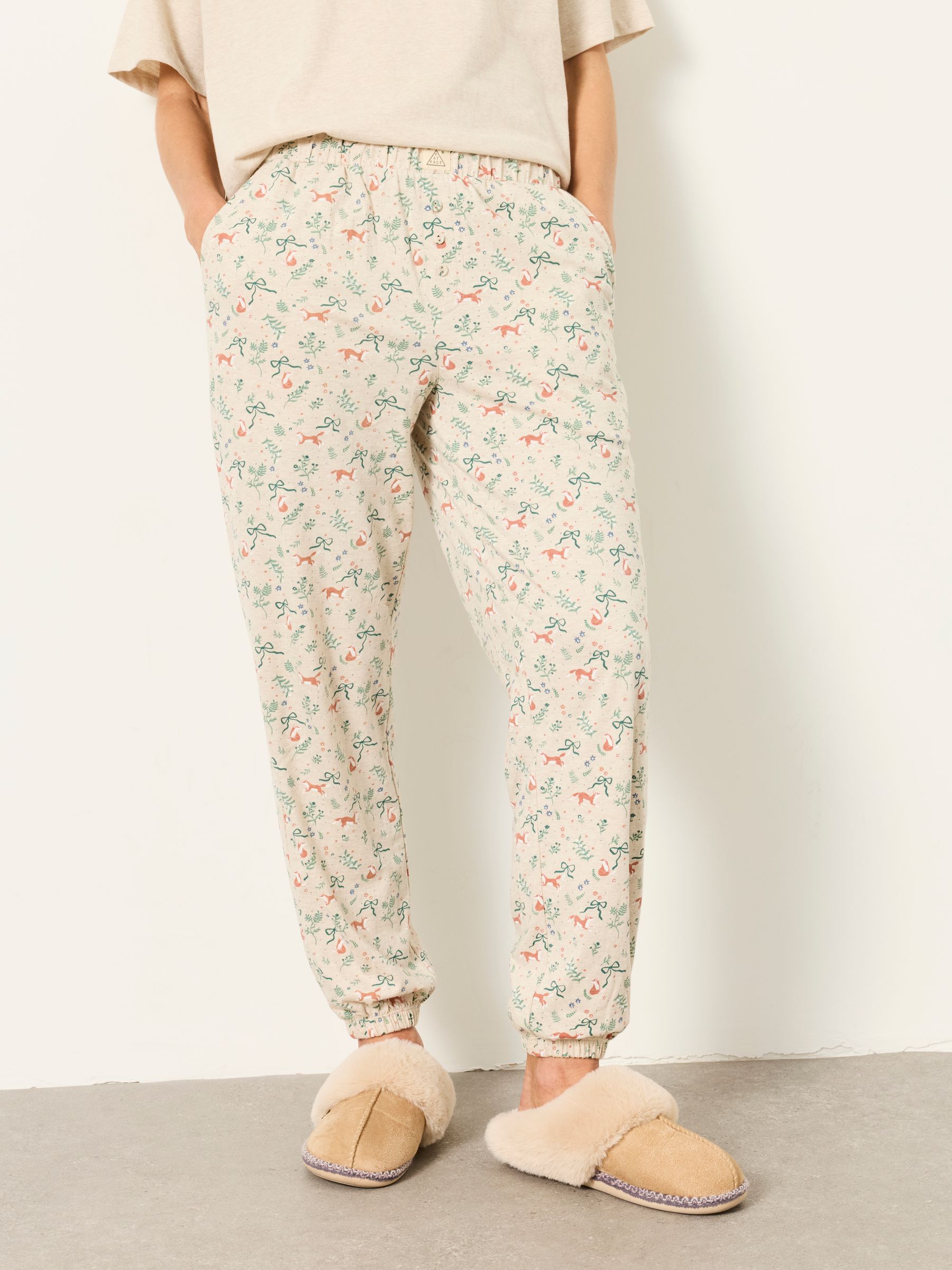 Fox Print Cuffed Pyjama Bottoms in Oatmeal - Image 1 of 6