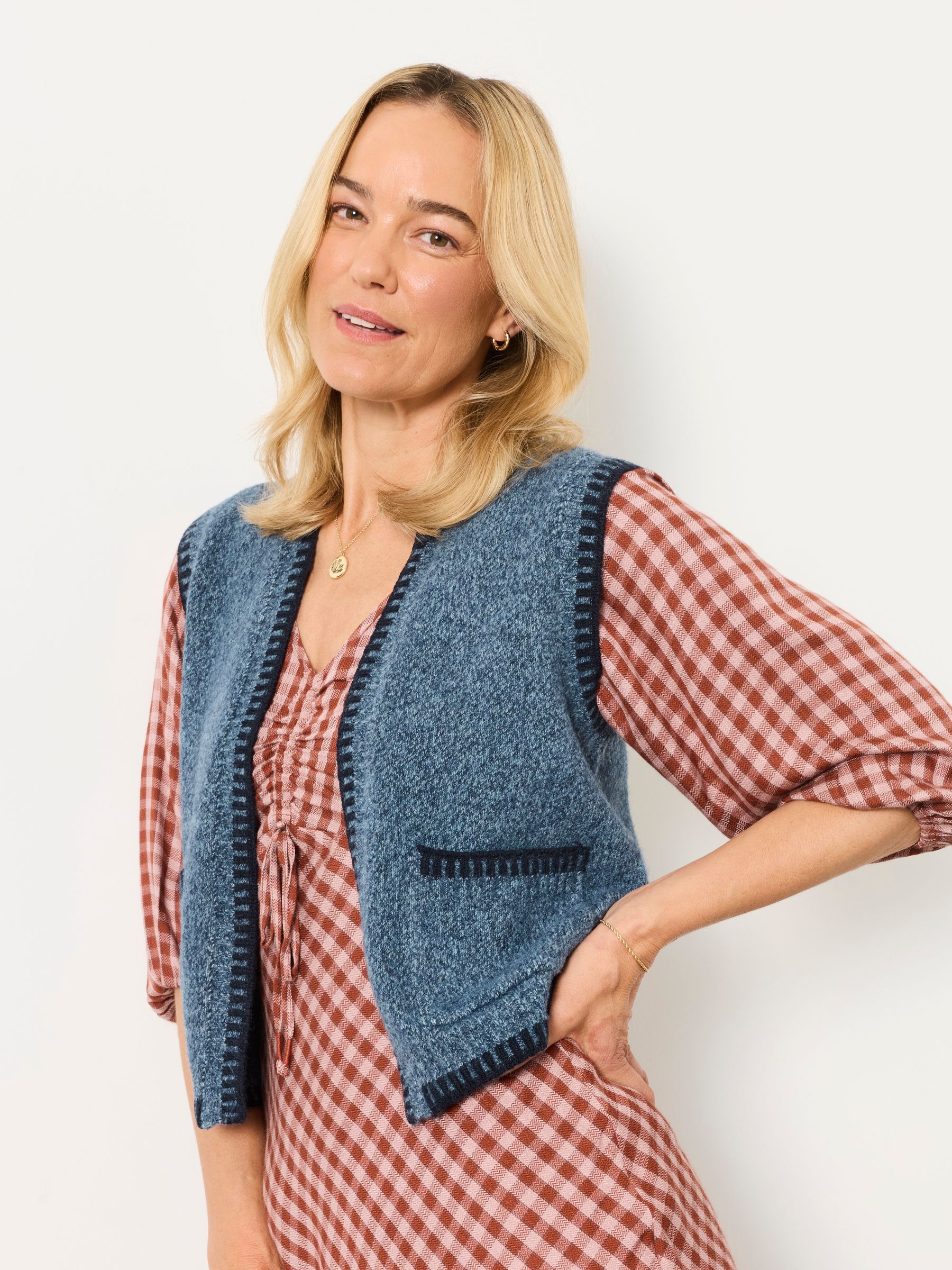 Hattie Navy Knitted Edge to Edge Sleeveless Cardigan - Image 3 of 6