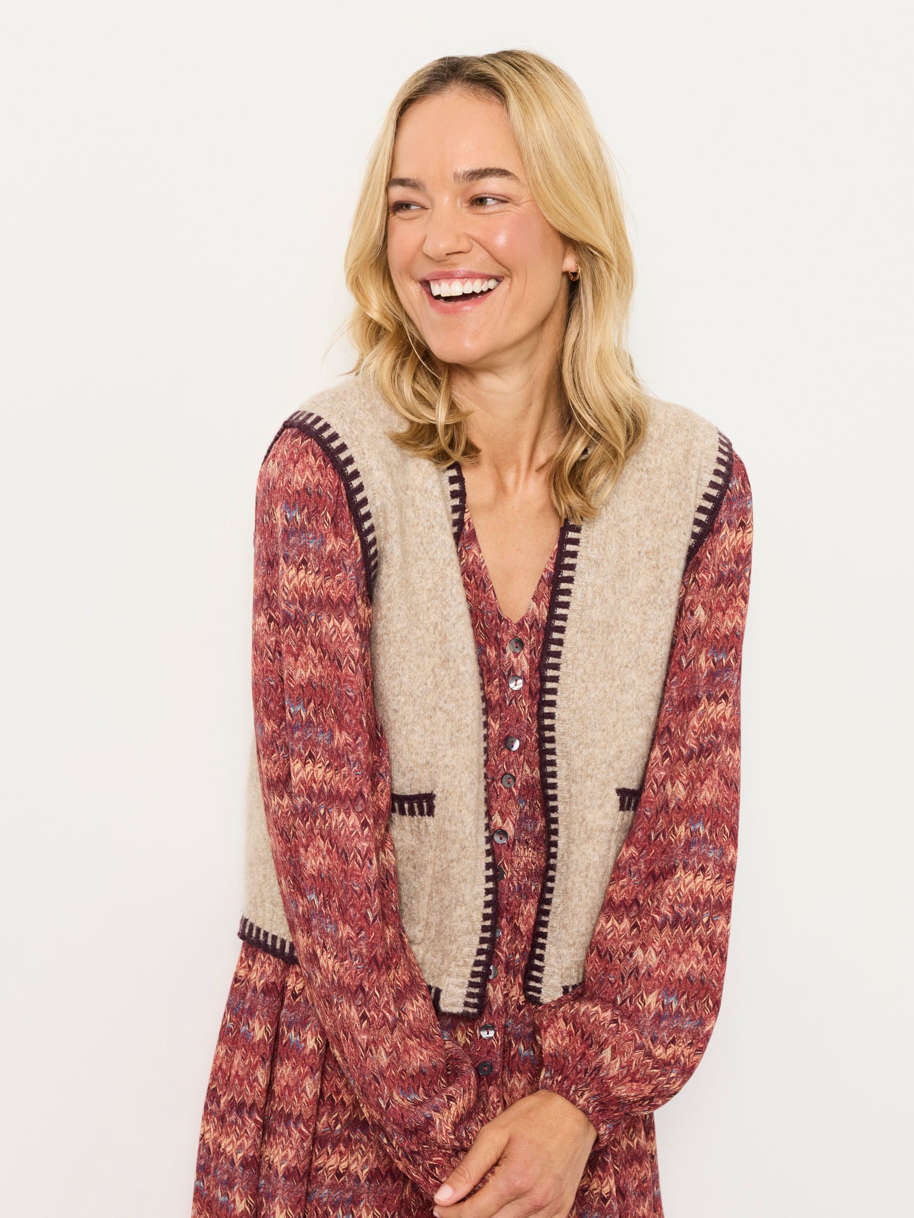 Hattie Natural Knitted Edge to Edge Sleeveless Cardigan - Image 3 of 7